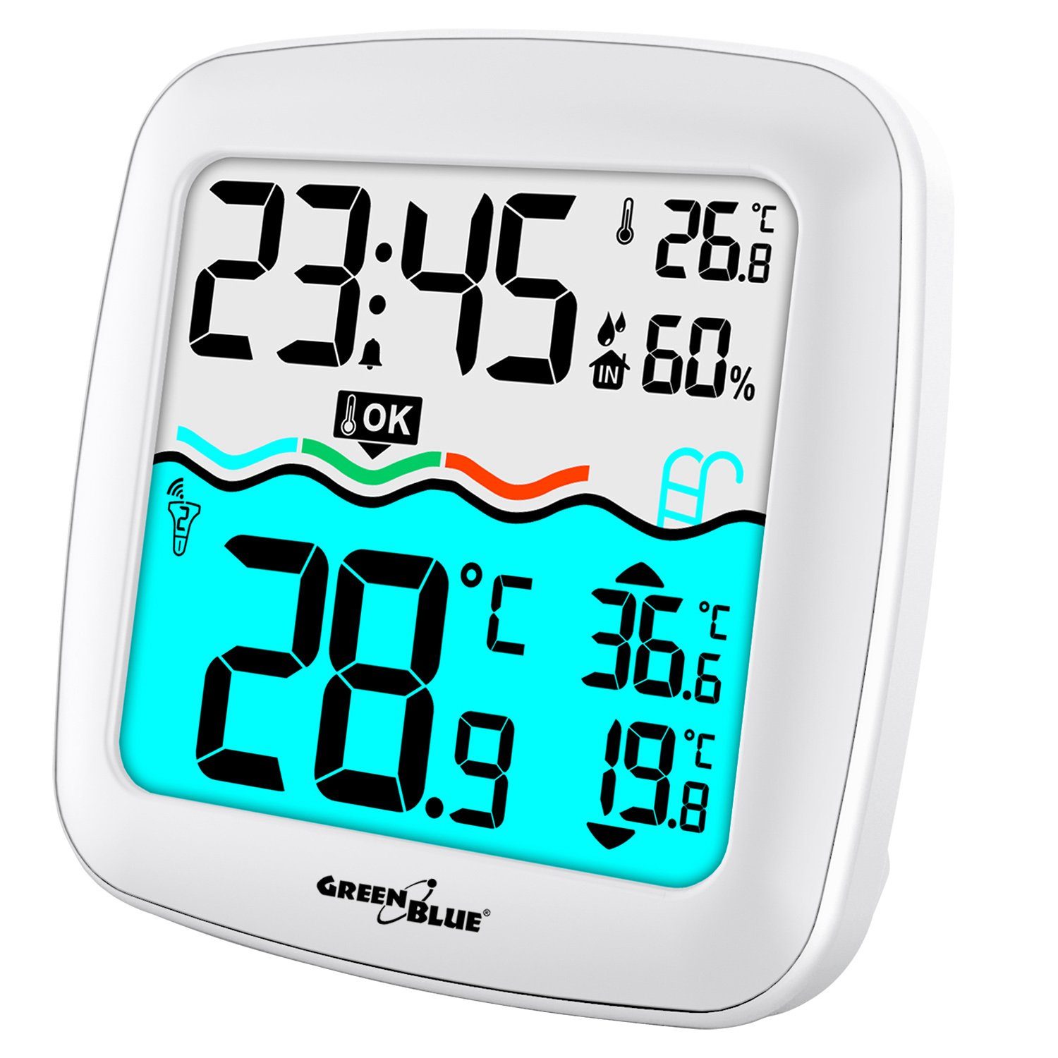 GreenBlue Badethermometer GB216 mit Temperaturstation, Poolthermometer schwimmend, Funk-Wetterstation DCF, für Pool & Spa