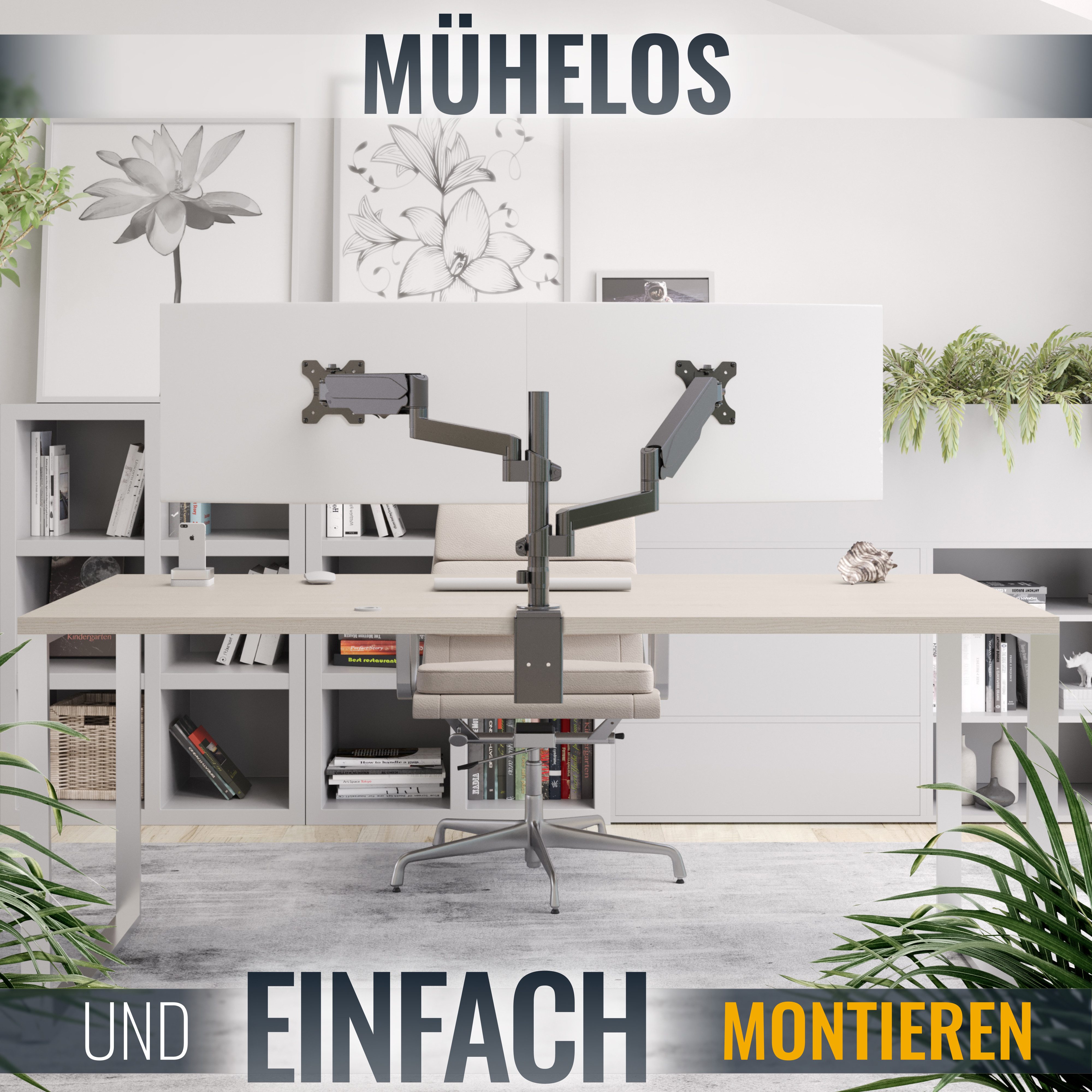 RICOO Monitor-Halterung Monitor Tischhalterung mit Gasdruckfeder für 2 Bildschirme TS9611, (bis 32 Zoll, VESA 75x75 und 100x100, 1-tlg., min. 1 Kg - max. 8 Kg, von 43-81 cm (17"-32) Bildschirm-Diagonale, neigbar +/-35°, schwenkbar +/-90° Dual Monitorständer)
