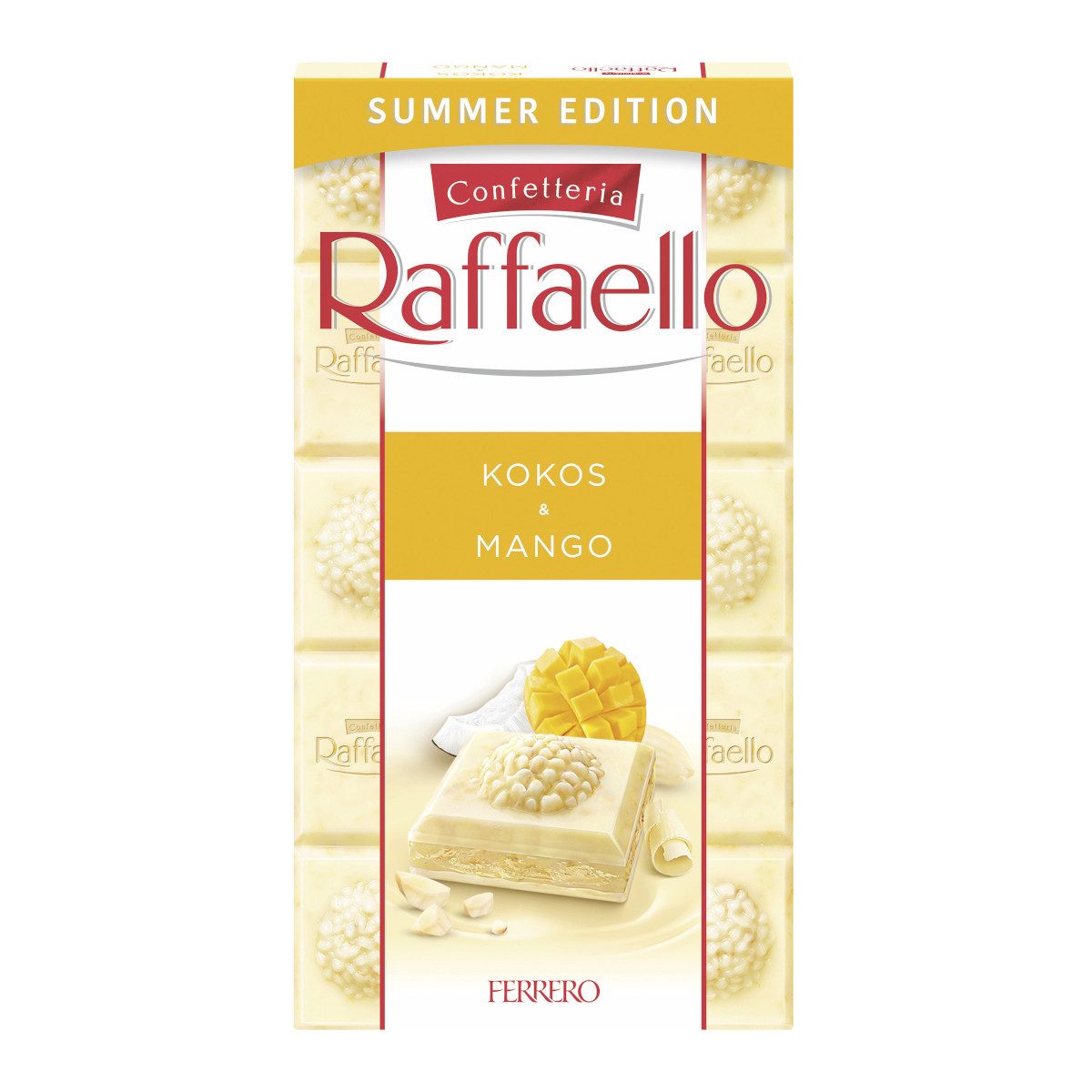 FERRERO Schokolade, Ferrero Raffaello Tafel Kokos und Mango Sommergenuss Packung 90g