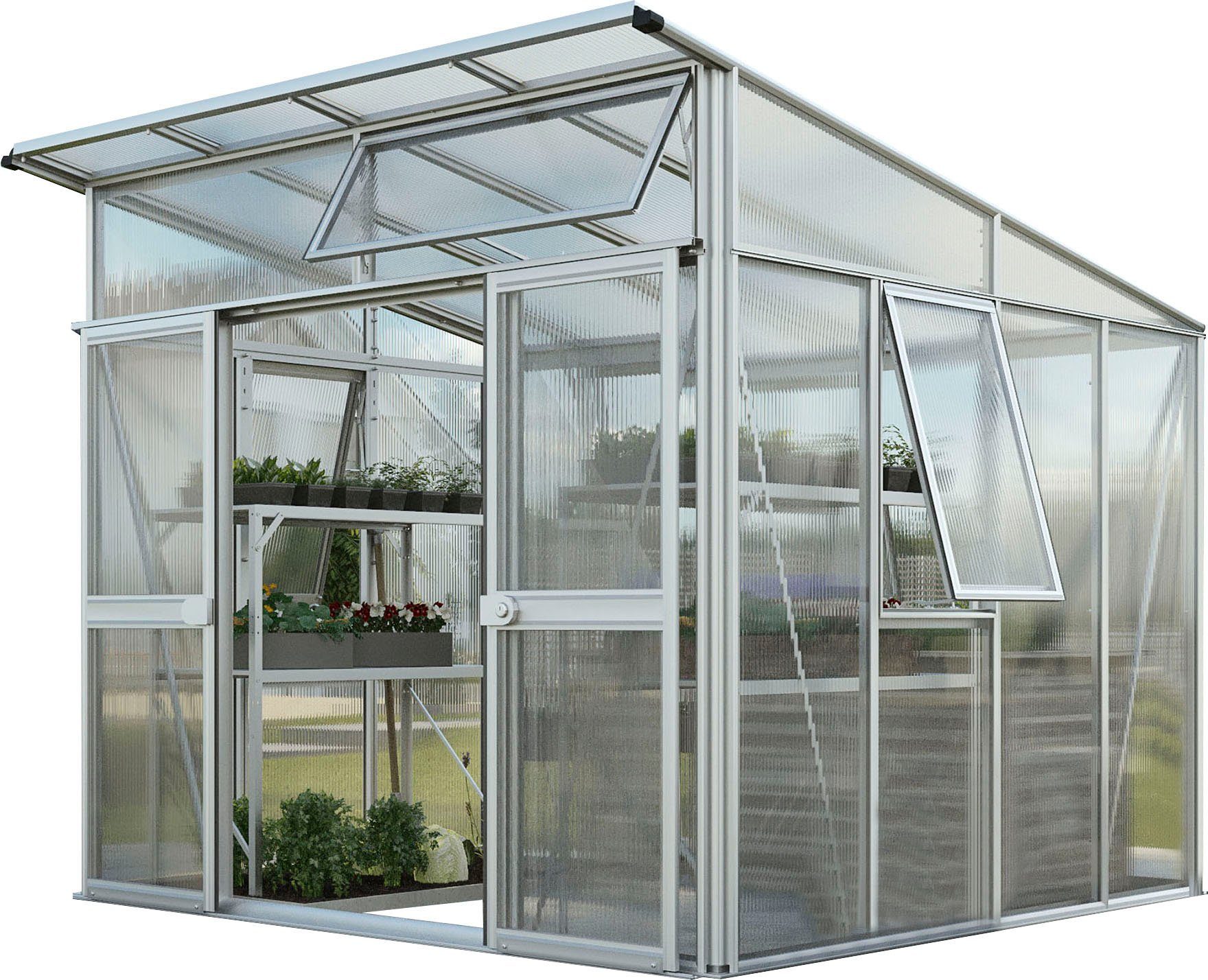 Vitavia Gewächshaus Aura 7800, BxTxH: 267 x 295 x 242,3 cm, 10 mm Wandstärke, besonders stabile Alu-Profile, 10 mm Hohlkammerplatten silberfarben