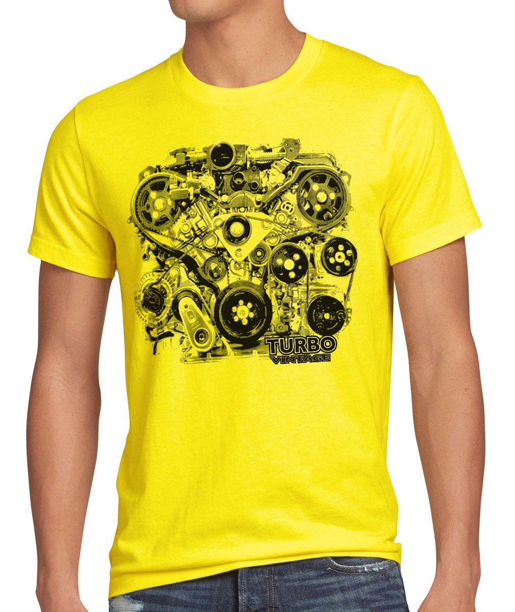 style3 Print-Shirt Herren T-Shirt Turbo Vintage Muscle Car Auto mustang motor us werkstatt tuning V6 V8 gelb