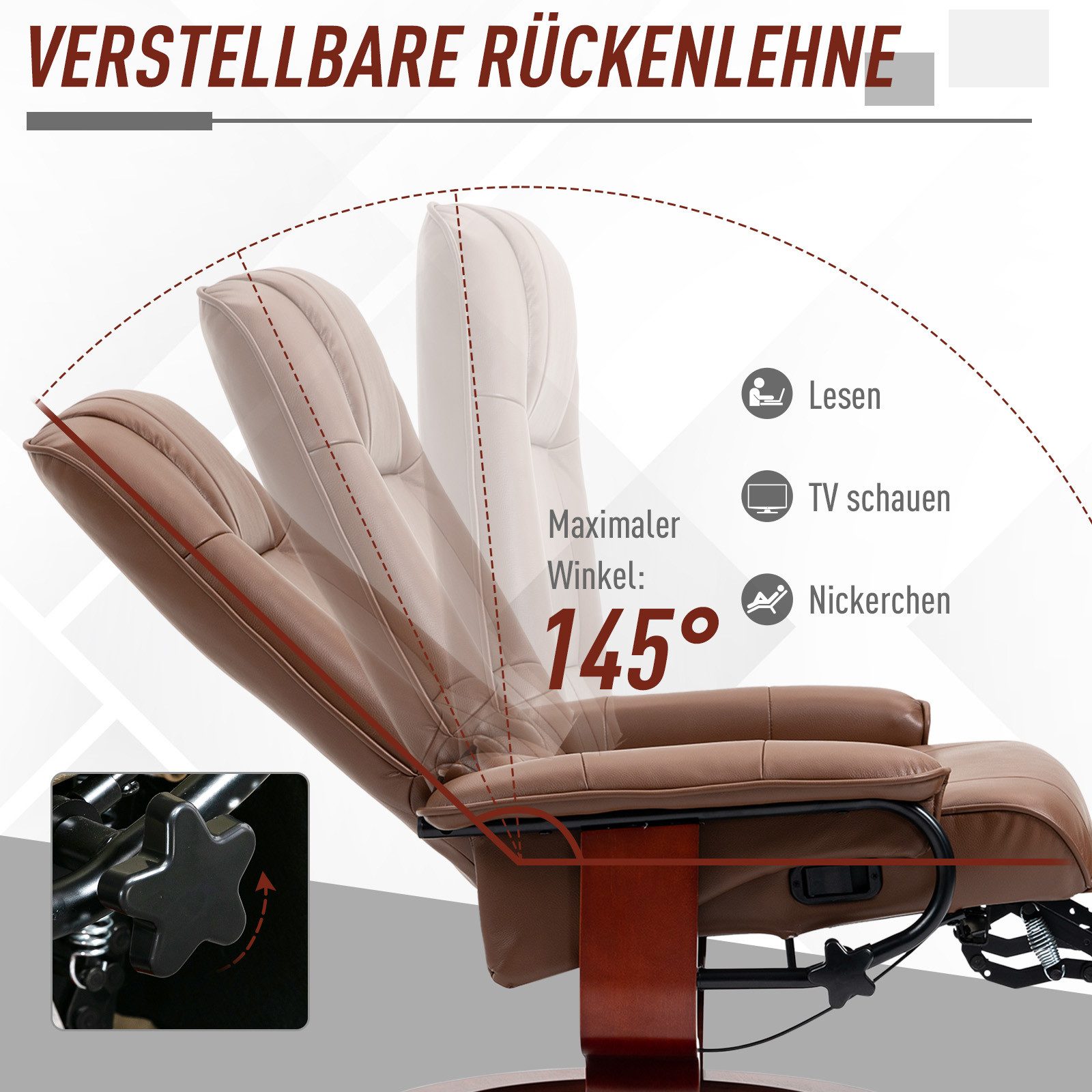 HOMCOM Relaxsessel Fernsehsessel mit Verstellbar Rückenlehne, Fußstütze (TV-Sessel, 1-St., Ruhesessel), 360° drehbar, verstellbar bis 145°, Fußstütze, Leinenopt – Bild 4 von 5