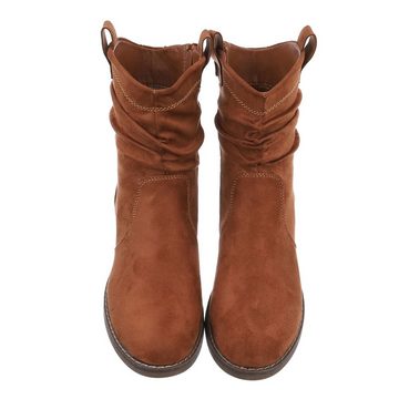 Ital-Design Damen Freizeit Stiefelette Blockabsatz Flache Stiefeletten in Camel