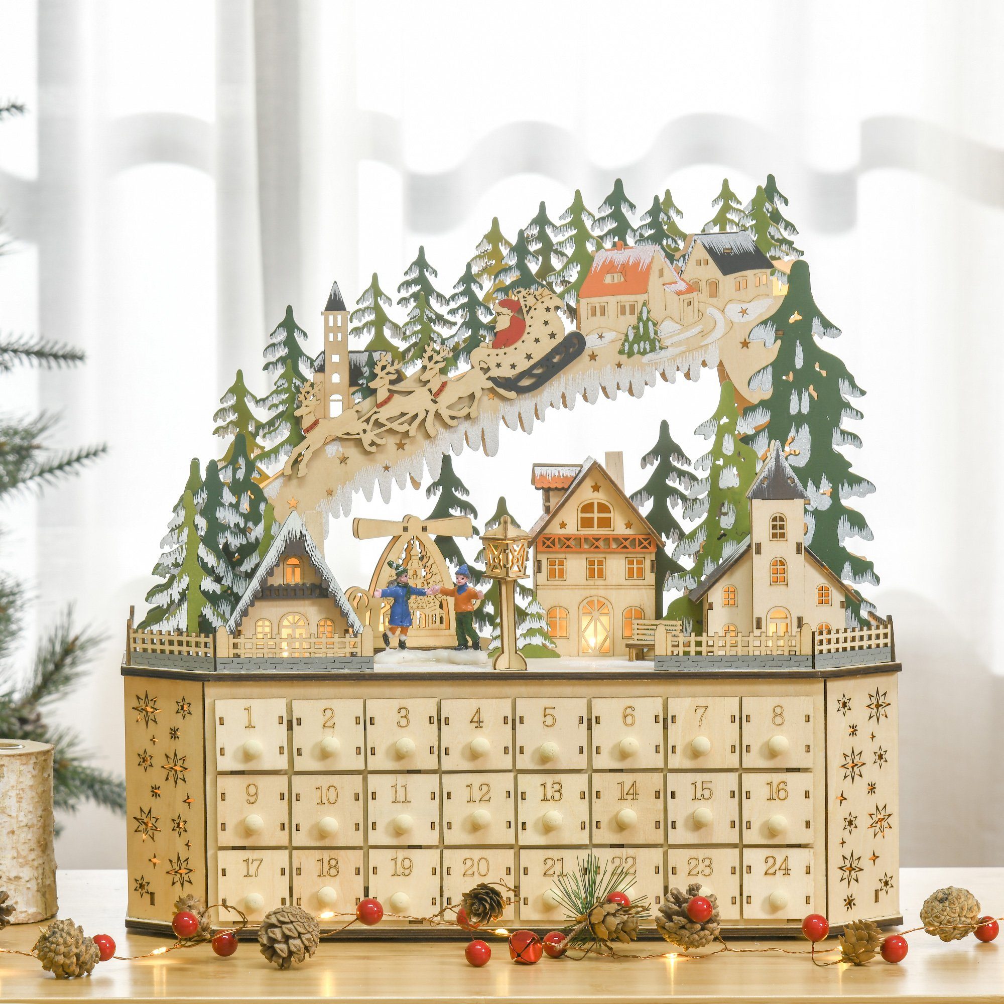 HOMCOM Weihnachtsdorf Adventskalender zum DIY, LED-Lichtern mit 24 Fächer Weihnachtskalender Schubladen Befüllen