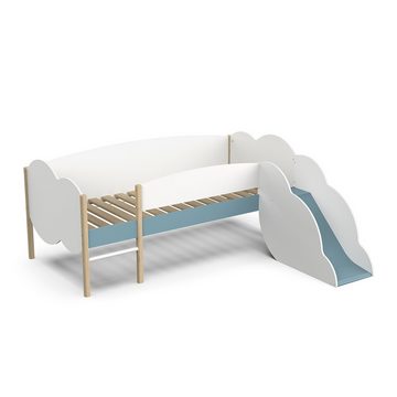 habeig Hochbett Bett mit Rutsche Kinderbett Spielbett weiss blau 206x183x85cm für Matratze 90x200cm
