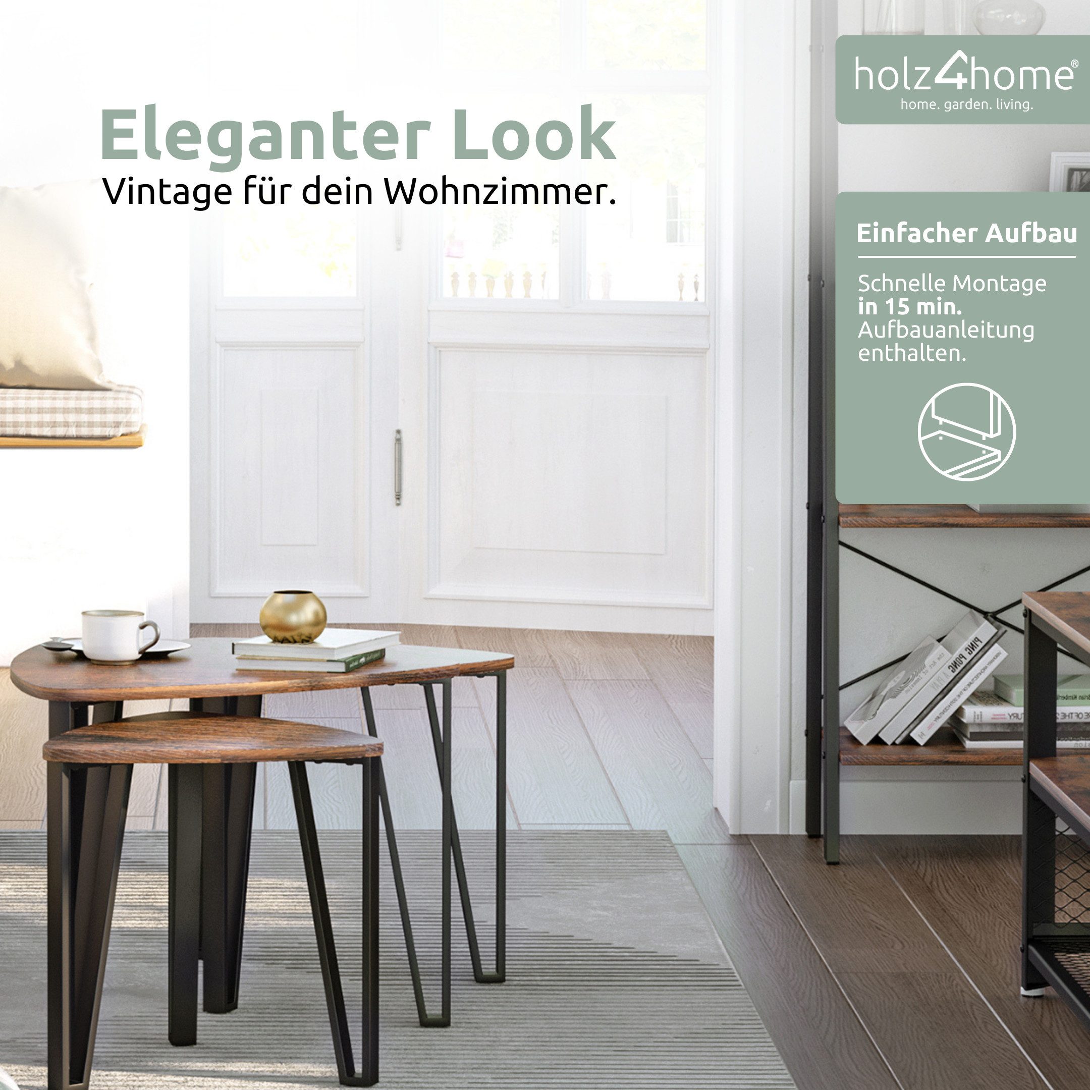 holz4home® Couchtisch Radon 3er Set Beistelltische Wohnzimmertisch I Industrial-Look (Kombinierbar), Einfache Montage – Bild 5 von 5