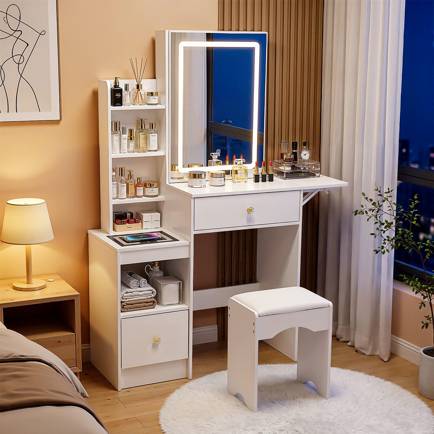 oyajia Schminktisch mit LED-Spiegel, 2 Schubladen & 4 offenen Fächern, 80x35x135 cm (Kosmetiktisch mit kabellose Ladestation, RGB LED Beleuchtung und Hocker), Weiß Schminktisch Klein Modern für das Schlafzimmer