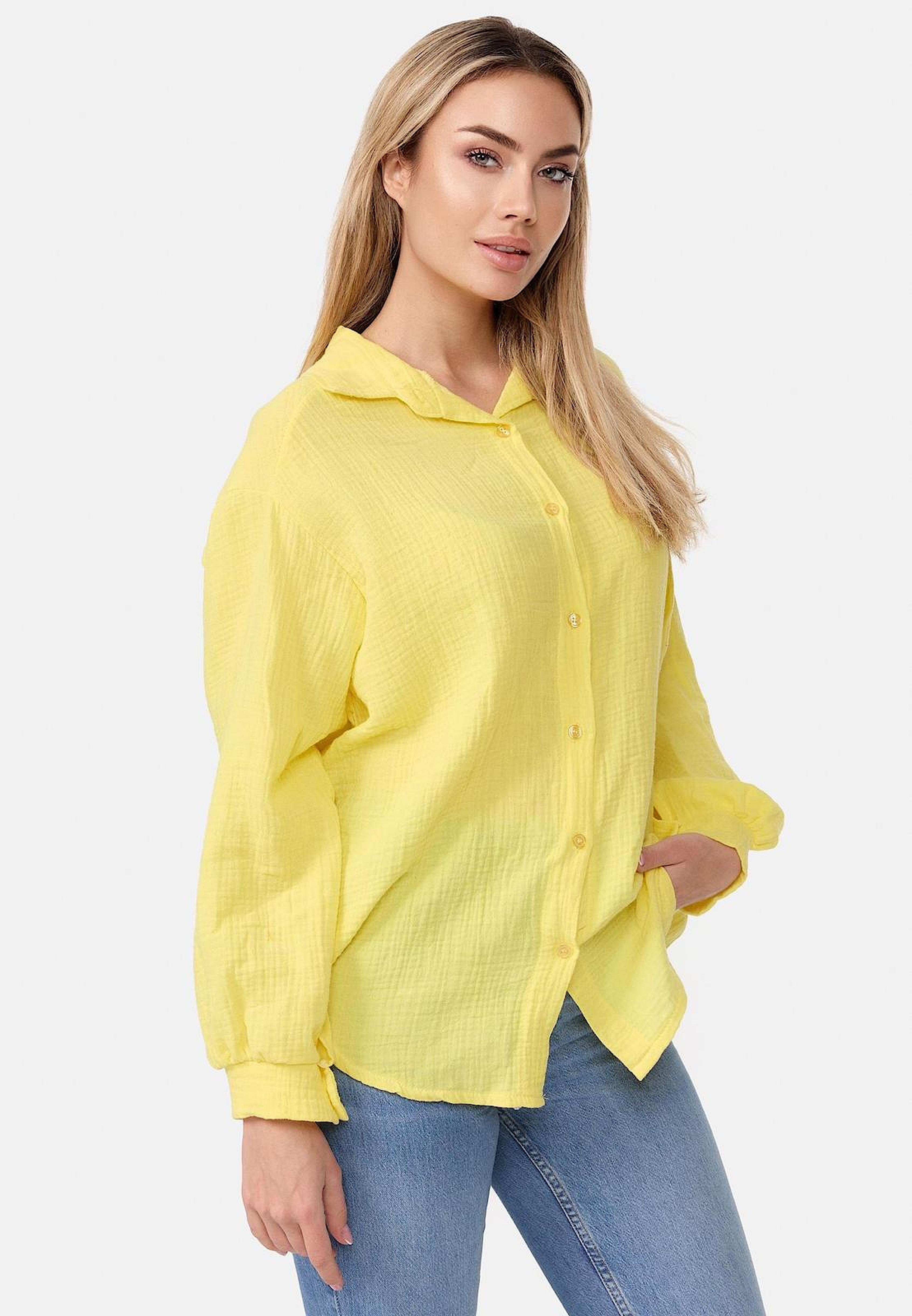 Worldclassca Hemdbluse Worldclassca Musselin Bluse Tunika Sommer Langarm Oberteil Einfarbig Neue Kollektion - Stilvolle und gemütliche Mode für Damen