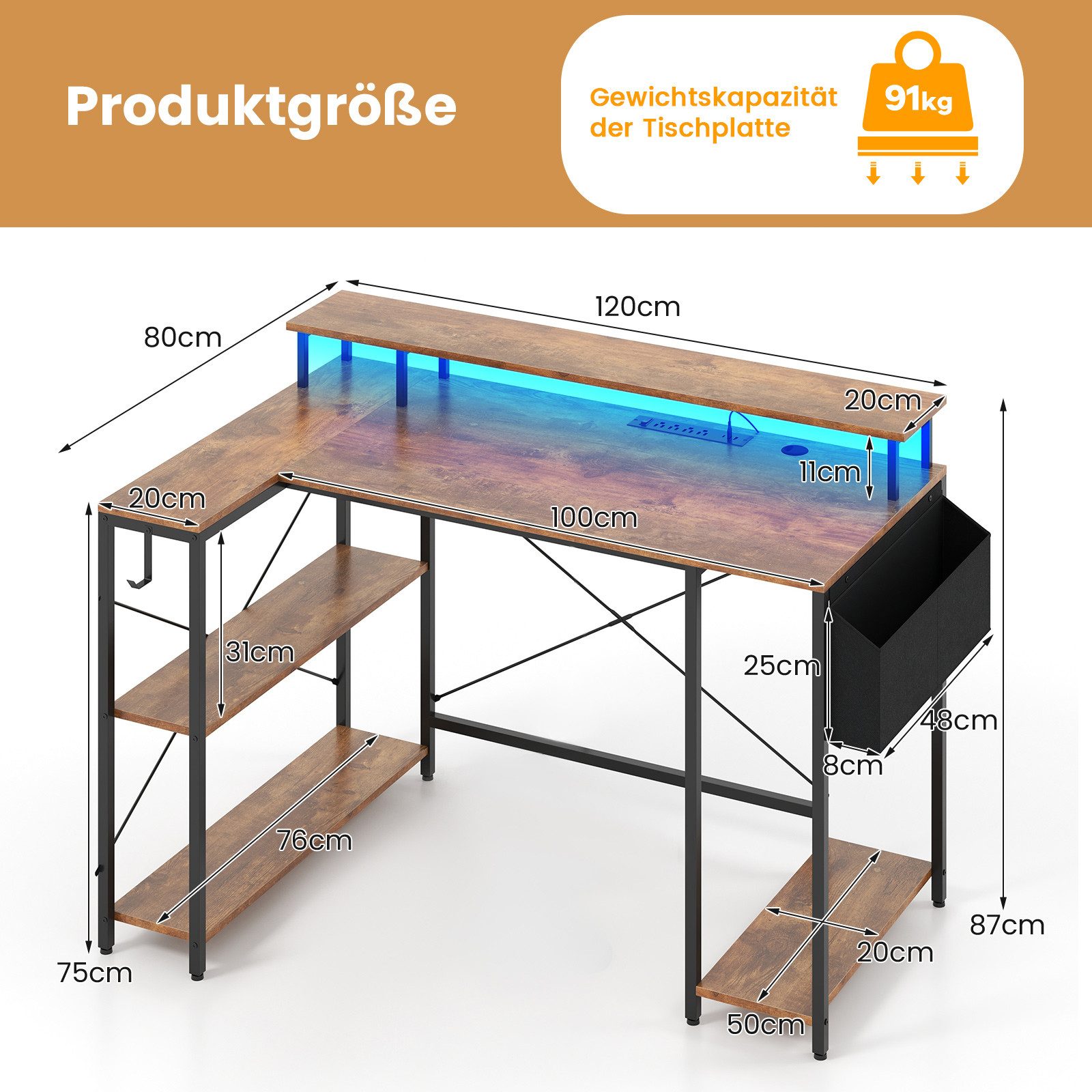 COSTWAY Computertisch, mit Steckdosen, LEDs, Monitorständer, Regalen & Tasche