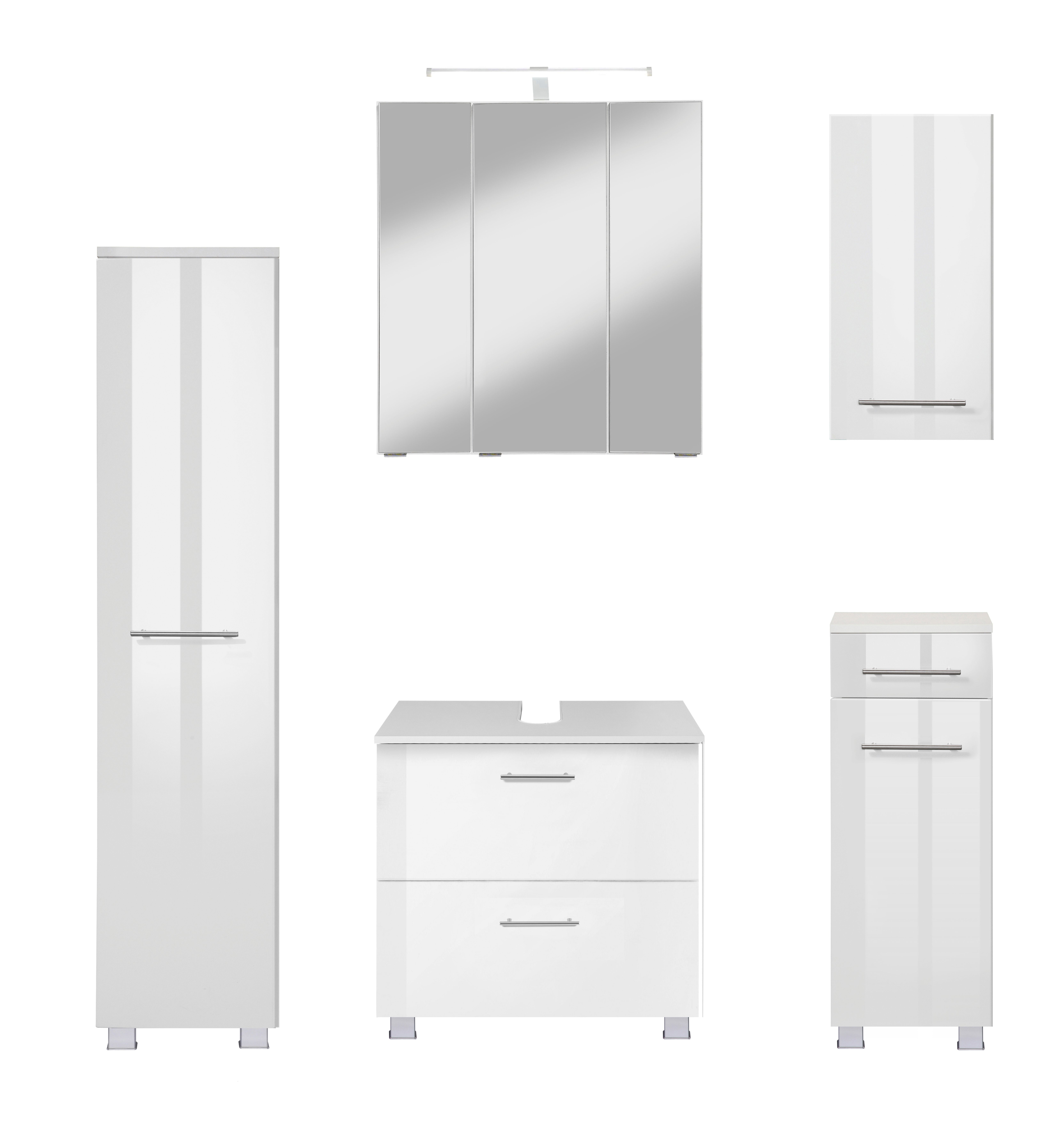 welltime Badmöbel-Set "Trento", Badezimmer-Set, Hängeschrank, Unterschrank, Midischrank, (5-St), Waschbeckenunterschrank, Spiegelschrank inkl. Aufbauleuchte