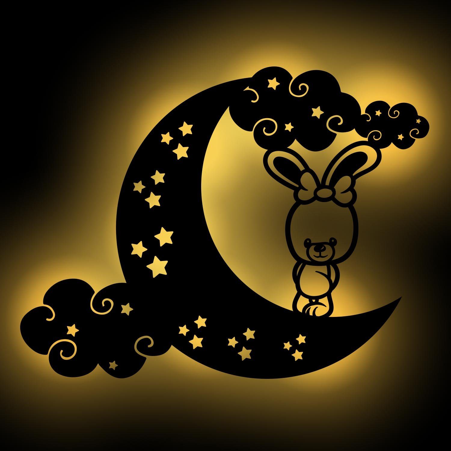 Namofactur LED Nachtlicht Hase auf Mond integriert, Kinderzimmer, Unbehandelt Zugschalter/Stern, Wandlampe Nachtlicht Ohne Warmweiß für fest LED Kinder I Holz