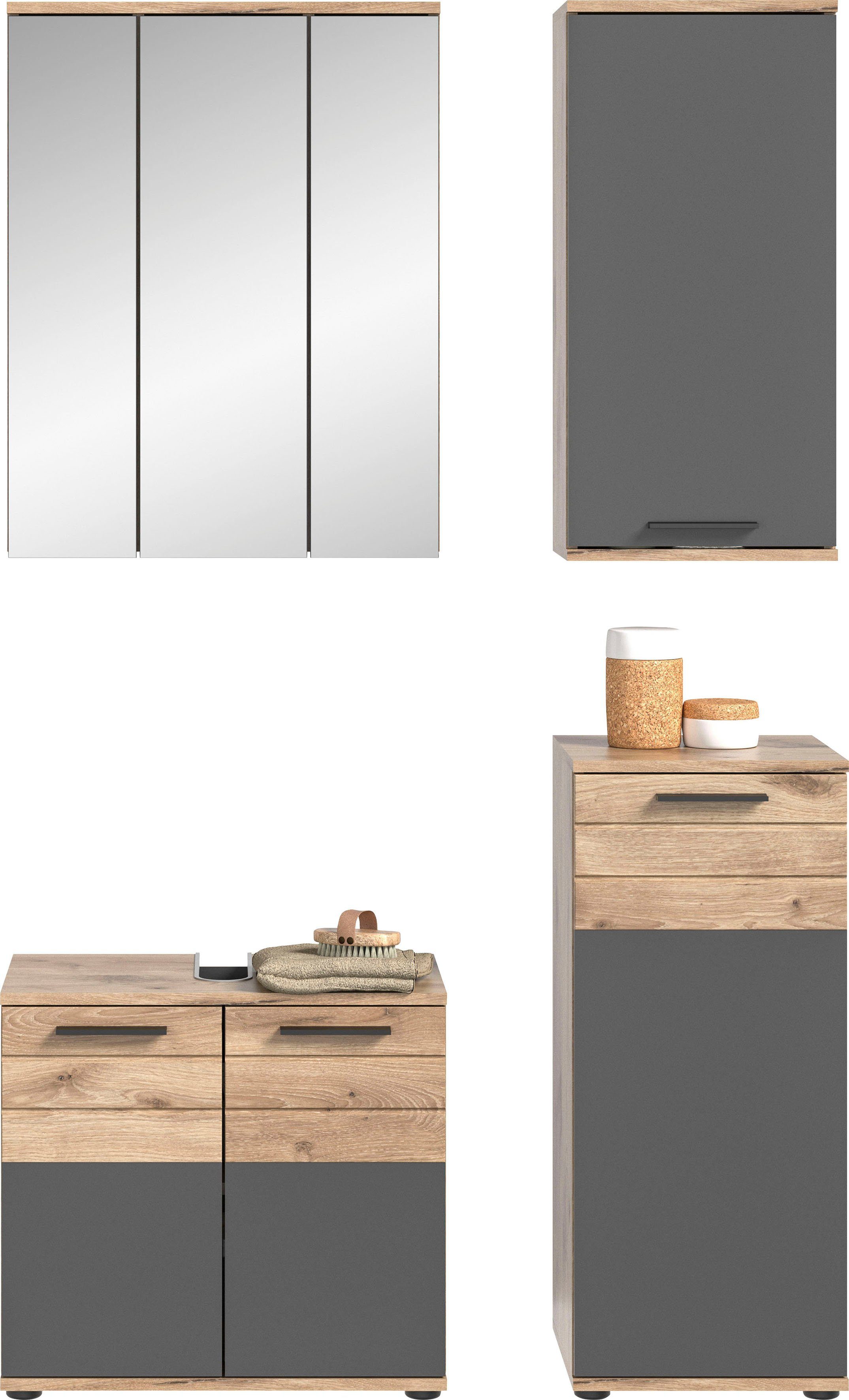 INOSIGN Badmöbel-Set Riga, 4 teilig, bestehend aus:, (Set, 4-St), Waschbeckenunterschrank, Spiegel, Unterschrank, Hängeschrank