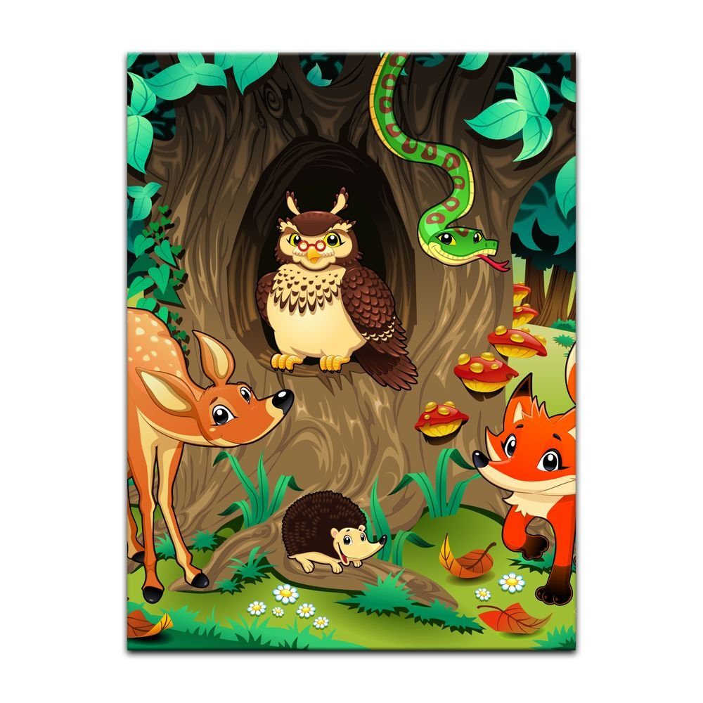 Bilderdepot24 Leinwandbild Kinderbild - Waldtiere III Cartoon - Waldgeschichten bei Frau Eule, Tiere