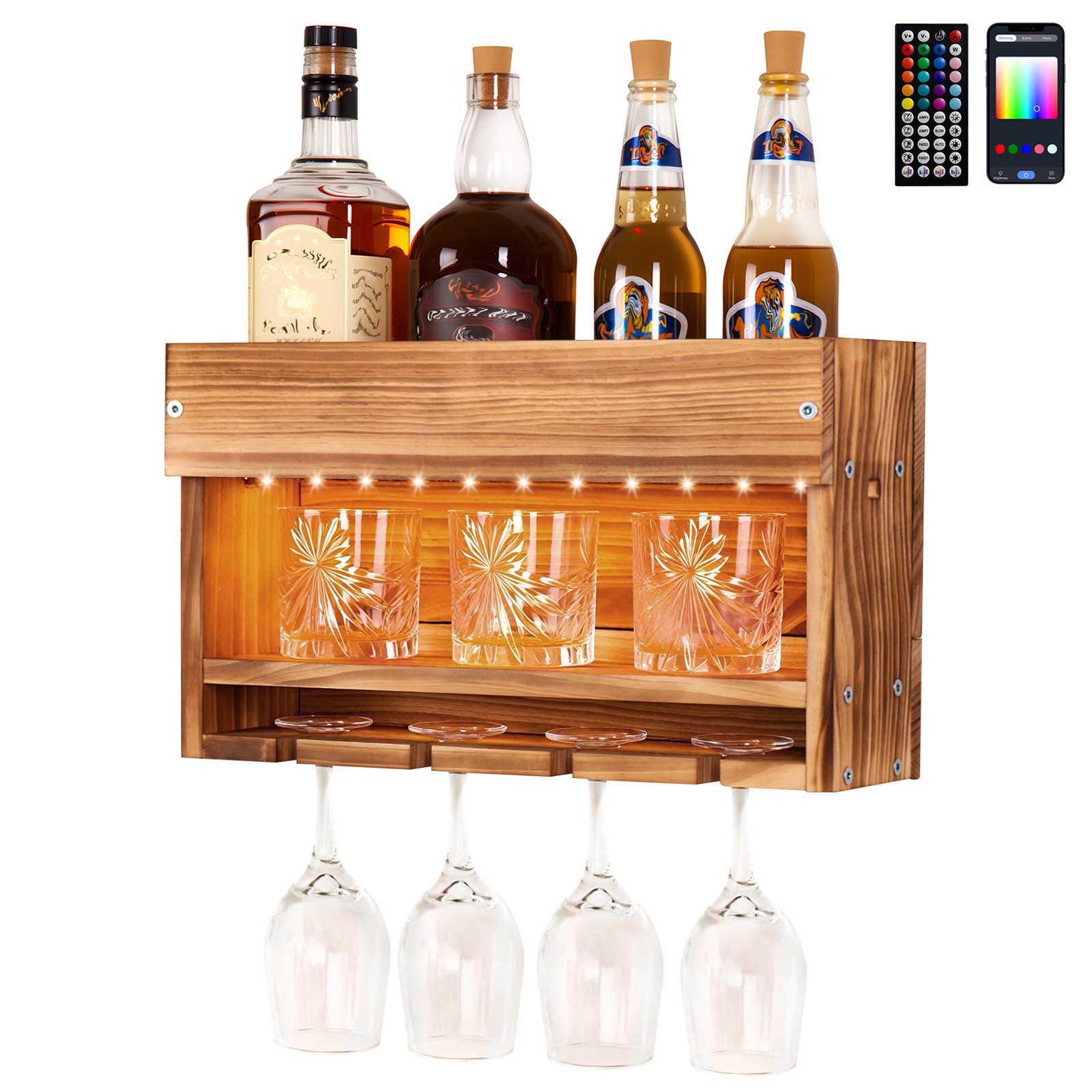 Yorbay Weinregal aus Holz mit LED-Beleuchtung, 3 Etagen Wandmontage Wand Fl günstig online kaufen