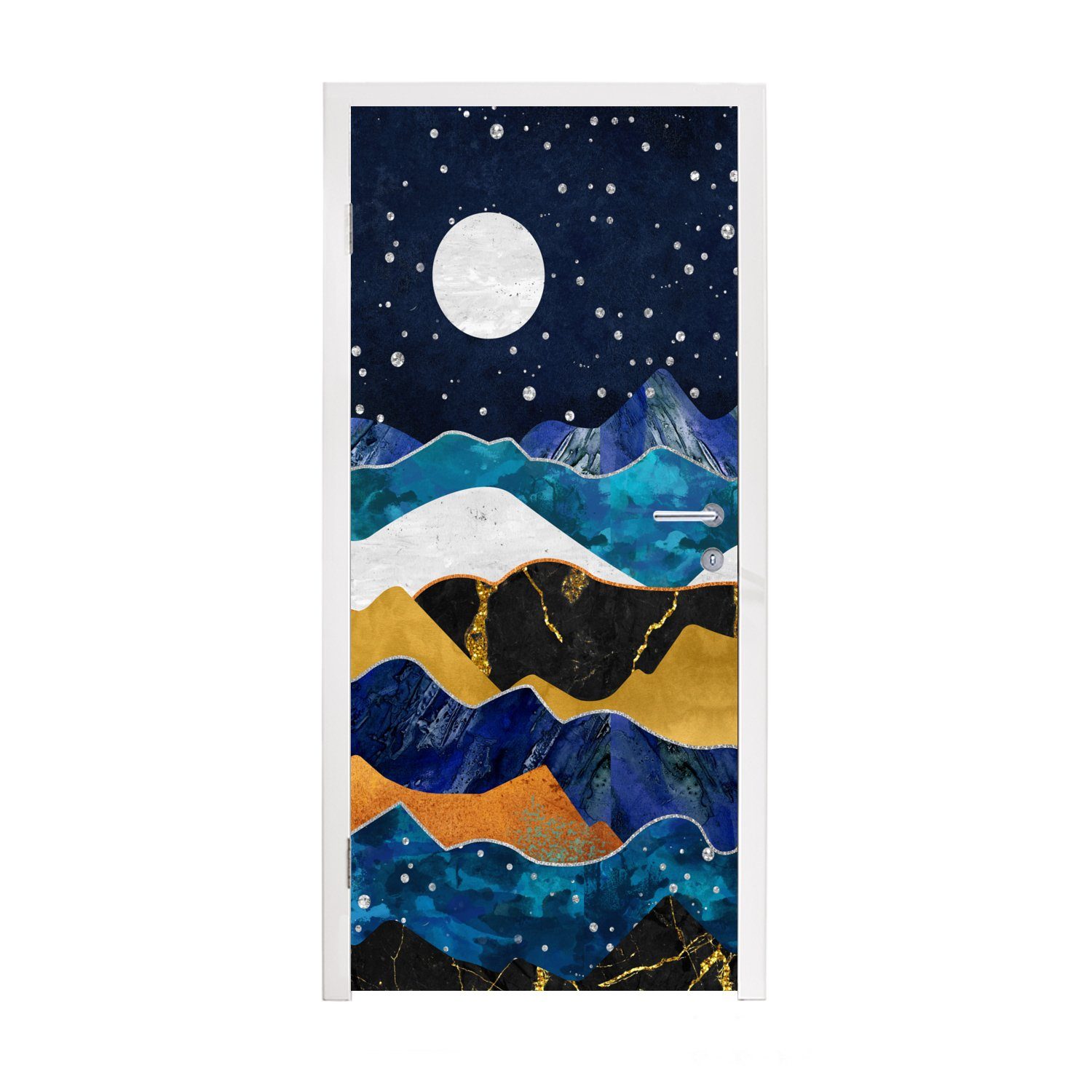 MuchoWow Türtapete Nacht - Gold - Marmor - Abstrakt - Landschaft - Berg, Matt, bedruckt, (1 St), Fototapete für Tür, Türaufkleber, 75x205 cm