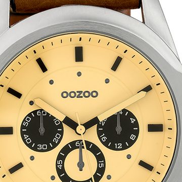 OOZOO Quarzuhr Oozoo Damen Armbanduhr Timepieces Analog, Damenuhr rund, extra groß (ca. 48mm) Lederarmband braun