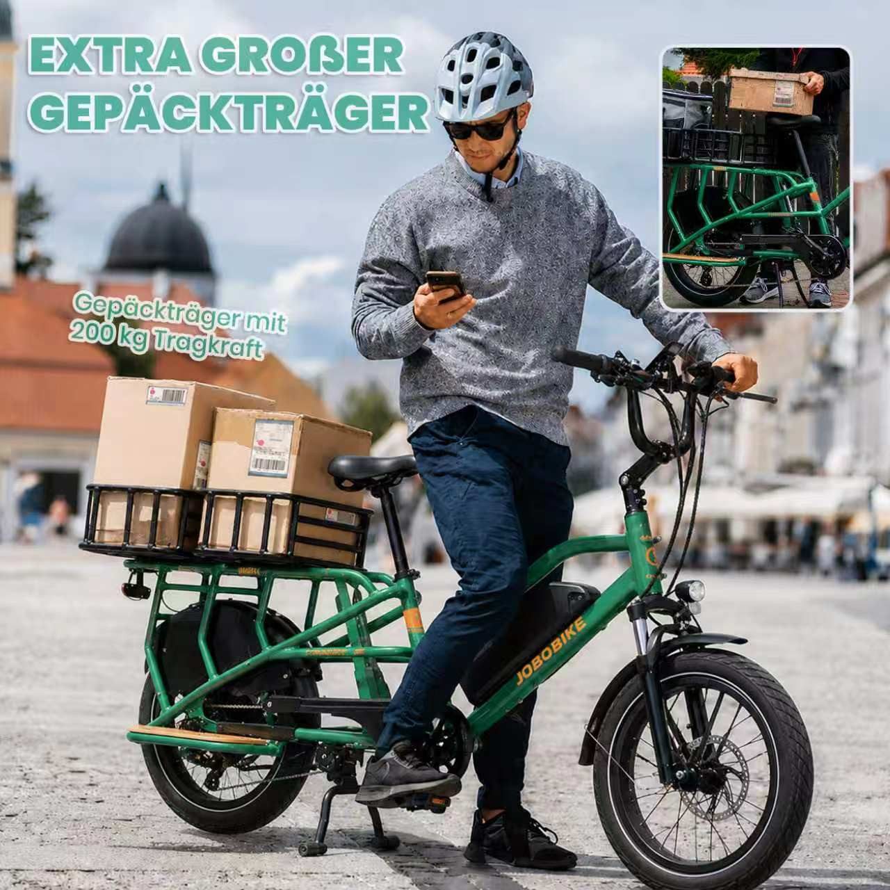 JOBOBIKE E-Bike Cityrad 20 Zoll, Vollfederung, 720Wh, 150km, Lastenrad, Cargo, Fatbike, 7 Gang Shimano, Kettenschaltung, Heckmotor, 720 Wh, (Bremslicht, Farb-LCD-Display, Doppelbein-Ständer, Drehmomentsensor), Elektrofahrrad bis zu 200kg, Federsattelstütze, hydr. Scheibenbremse