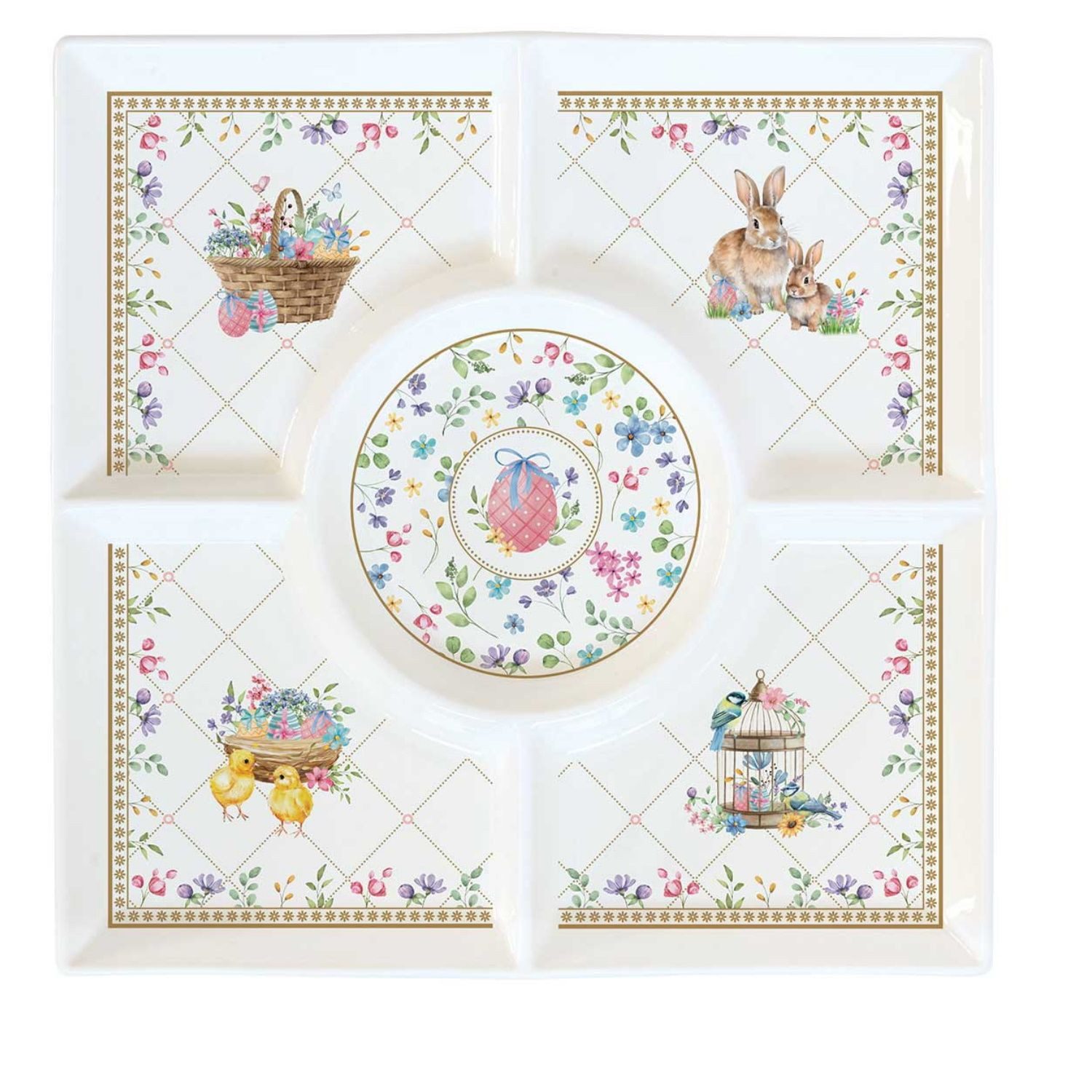 EasyLife Servierplatte Spring Bloom, Porzellan, Spülmaschinengeeignet, Mehrfarbig, Hasen & Blumenkörbe, H: cm