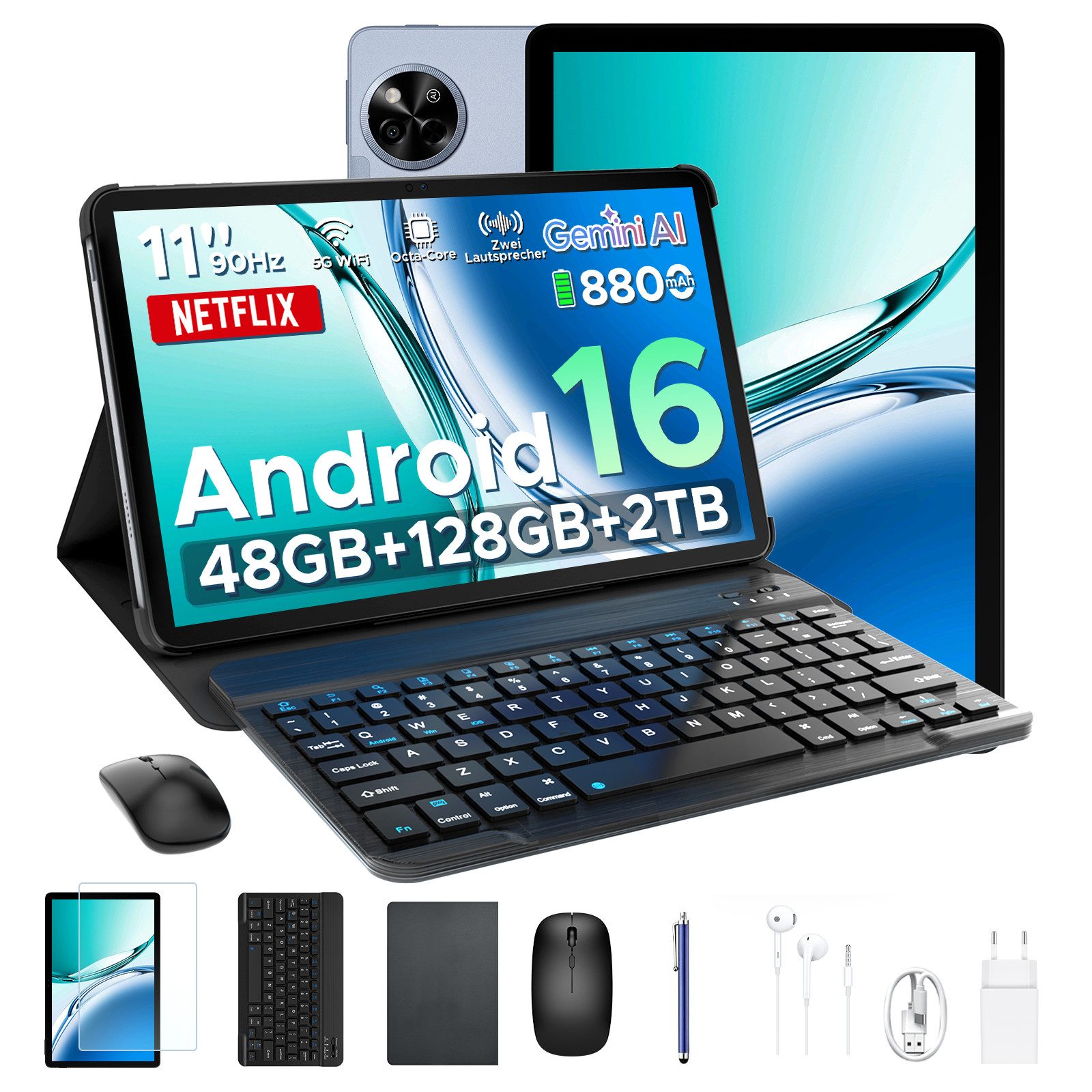 Aorlym P11 Android 16 Tablet 11 Zoll mit Tastatur und Stift, 90Hz, 8800mAh Tablet (11", 128 GB, Android 16, T7250 Octa Core, Gemini AI, 13MP + 5MP, Widevine L1, Face ID/OTG/GPS)