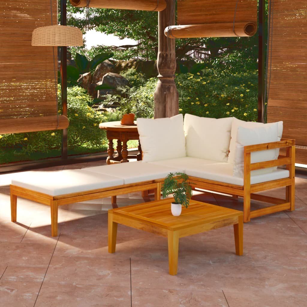 vidaXL Gartenlounge-Set 3-tlg. Garten-Lounge-Set mit Cremeweißen Kissen Massivholz, (1-tlg)