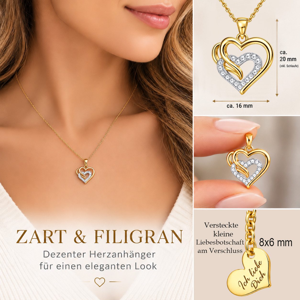 Limana Herzkette Ich liebe Dich Damen Kette mit Herz Anhänger 925 Silber gold vergoldet (Schmuck Geschenk für Freundin Frau inkl. Dose und Tasche), Jahrestag Ge – Bild 3 von 5