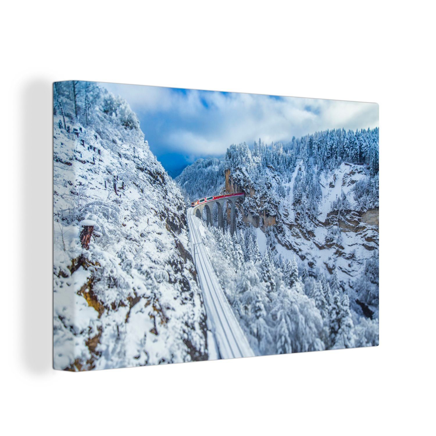 OneMillionCanvasses® Leinwandbild Mit dem Zug durch die Winterlandschaft der Schweiz, (1 St), Wandbild Leinwandbilder, Aufhängefertig, Wanddeko, 30x20 cm