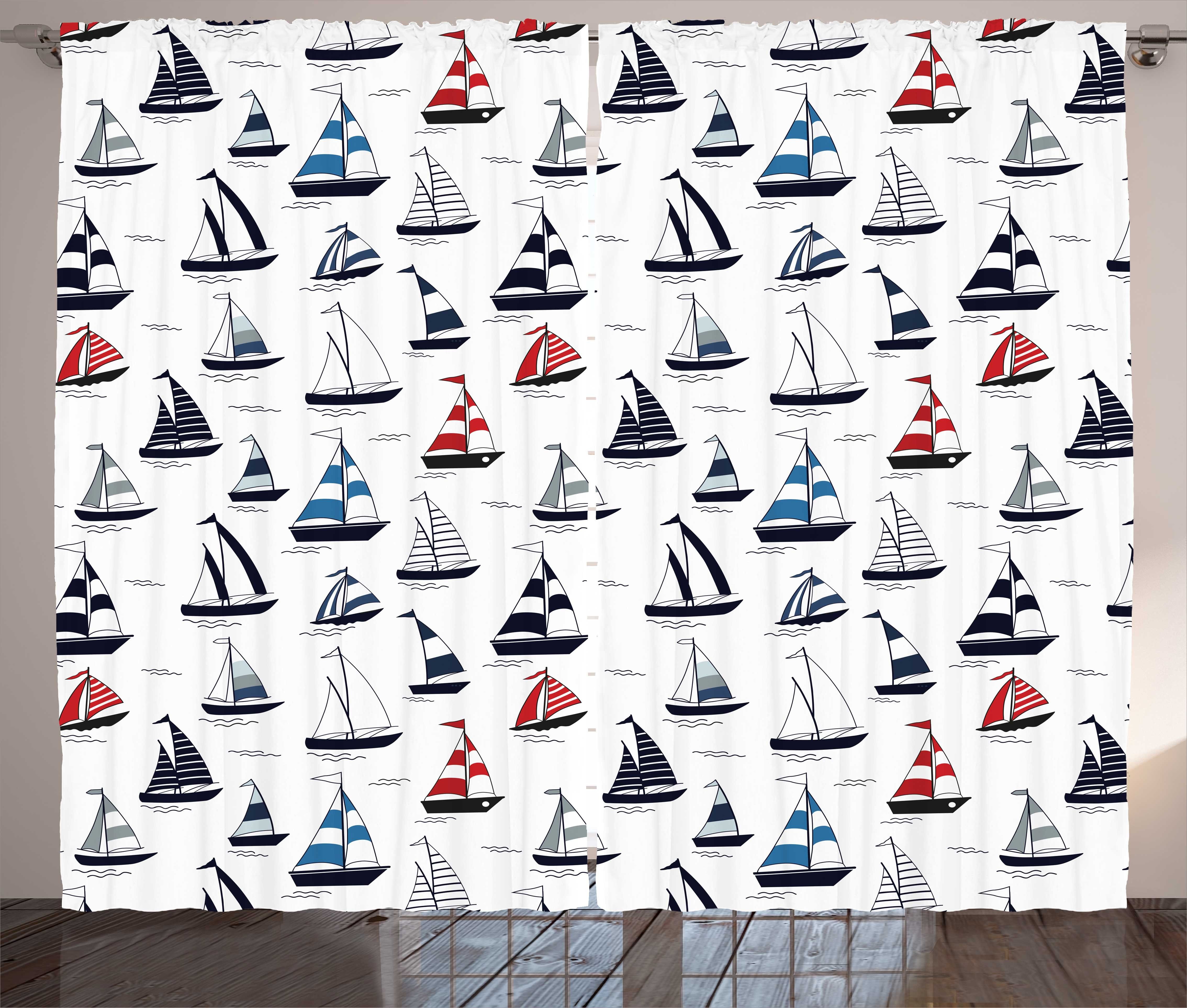 Gardine Schlafzimmer Kräuselband Vorhang mit Schlaufen und Haken, Abakuhaus, Nautische Cartoon Segelbooten Muster