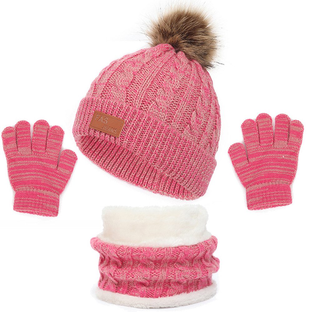 Zaewry Filzhut Kinder Unisex Strickmütze Winter Warme Schal Handschuhe Set für Kinder 3-6 Jahre
