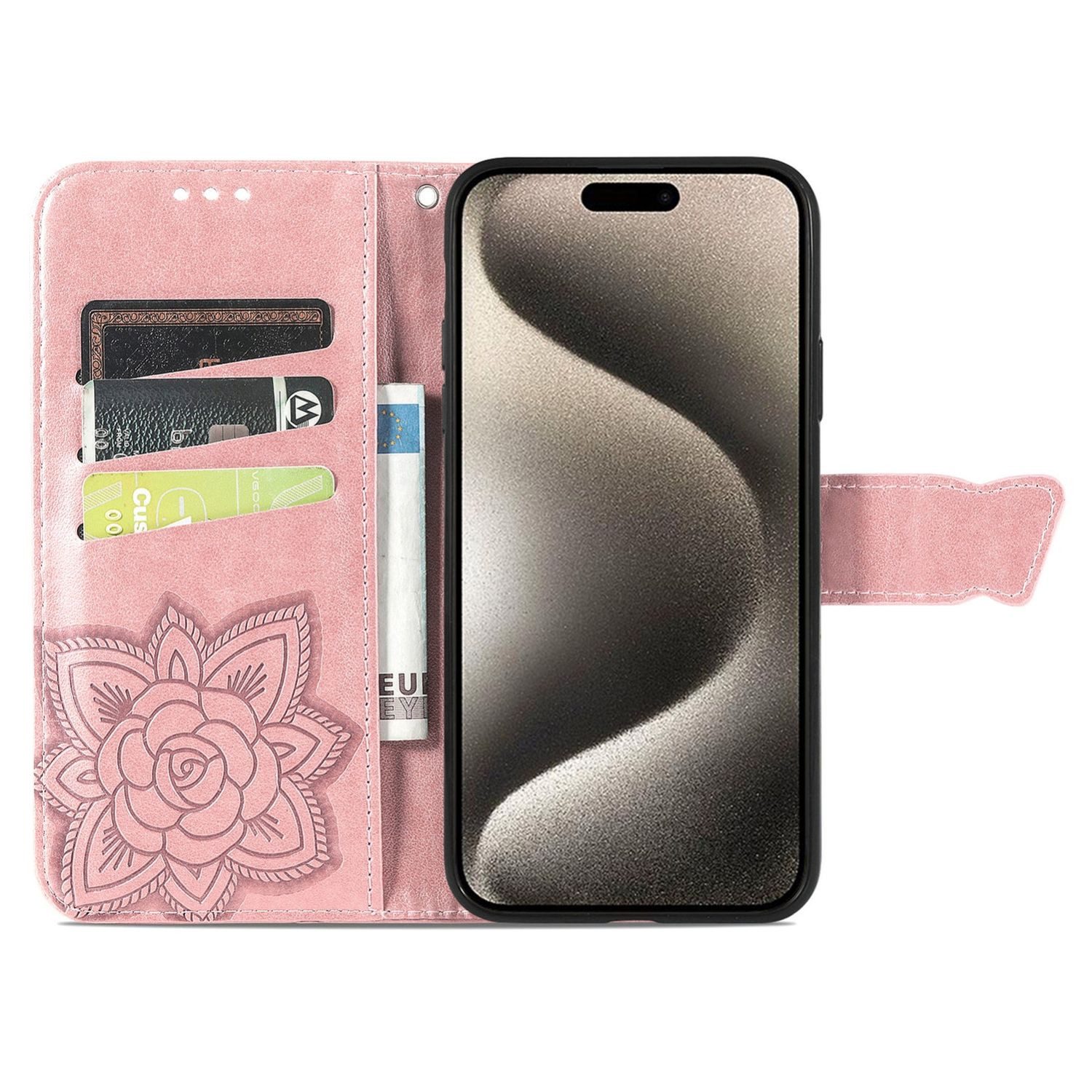 Wigento Smartphone-Hülle Für Apple iPhone 16 Kunstleder Wallet Schmetterling Hülle Case Rosa, Kunst-Leder Schutzhülle Smart Case Cover magnetischer Verschluss