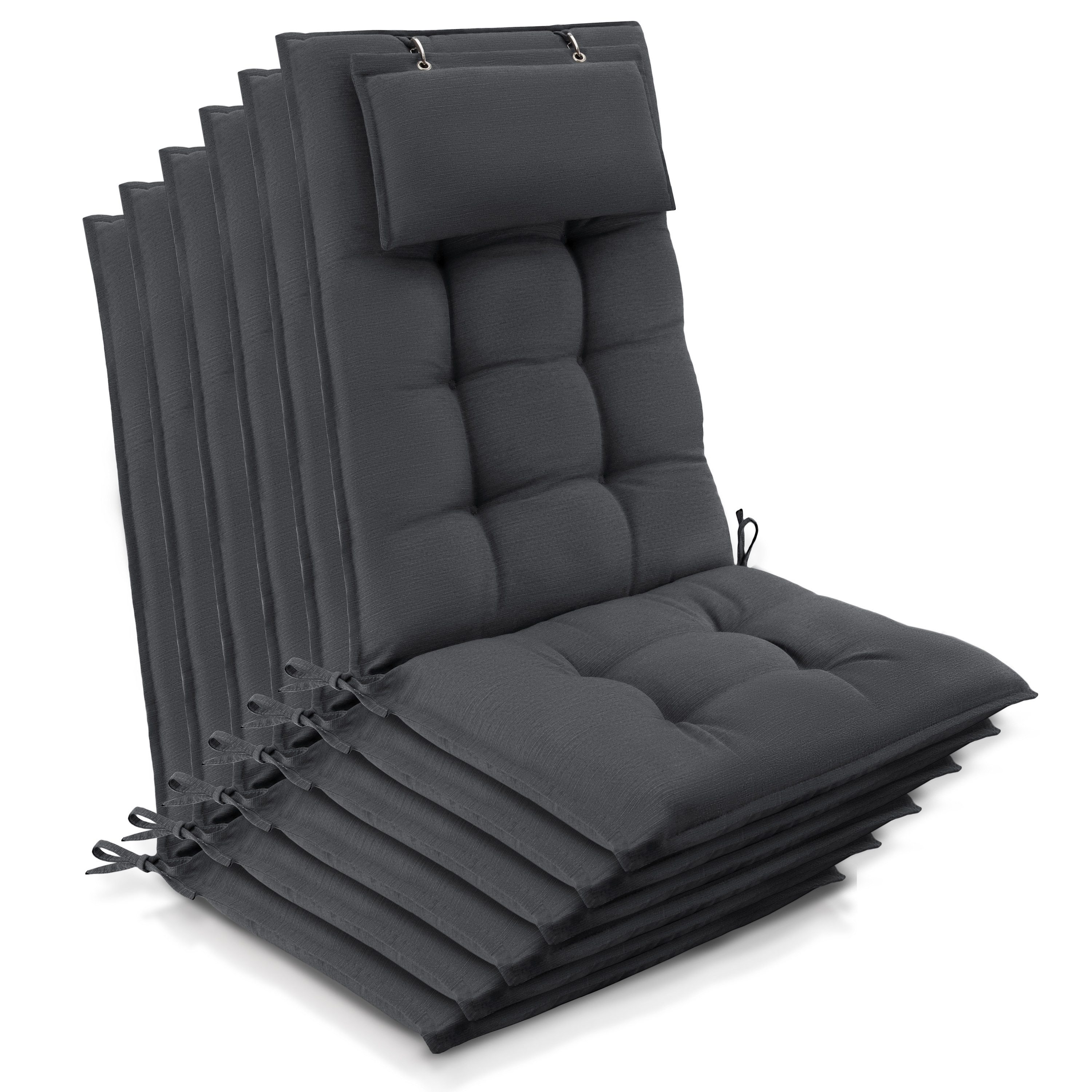 Beautissu Hochlehnerauflage 6er Set Sun-HL Hochlehner Auflage 120x50x8cm Anthrazit, Mit Kopfpolster, rutschfest & robust – Befestigungsbänder, UV 5