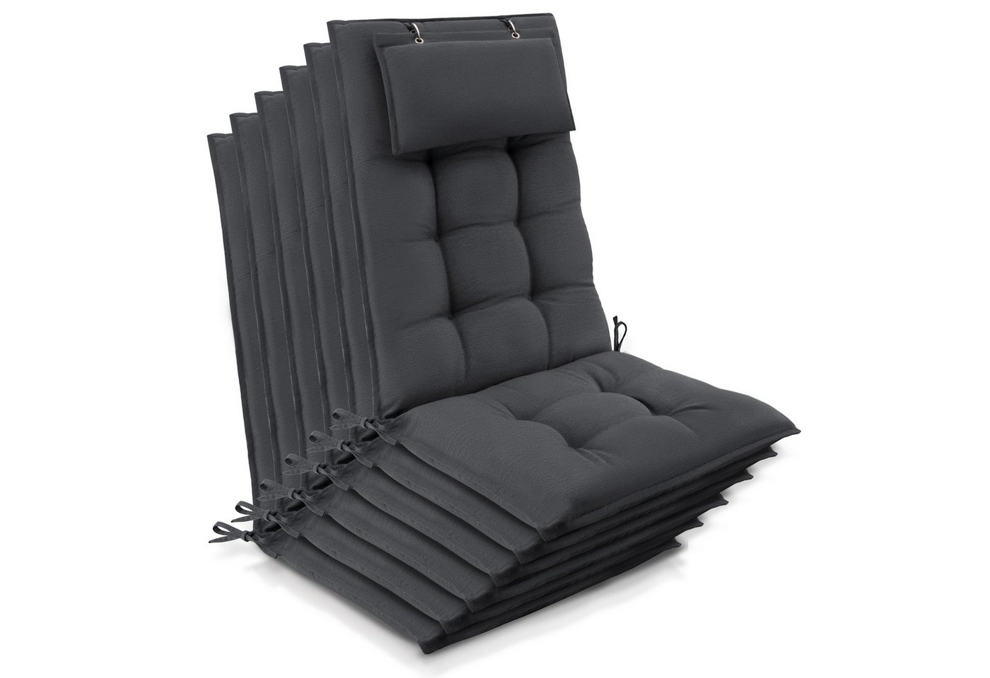 Beautissu Hochlehnerauflage 6er Set Sun-HL Hochlehner Auflage 120x50x8cm Anthrazit, Mit Kopfpolster, rutschfest & robust – Befestigungsbänder, UV 5