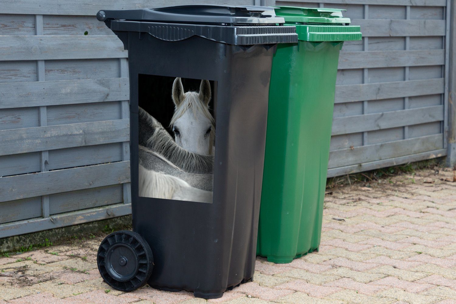Mülltonne, Schwarz Tiere Container, Wandsticker - Pferde Weiß MuchoWow Sticker, (1 Abfalbehälter - - St), Mülleimer-aufkleber,
