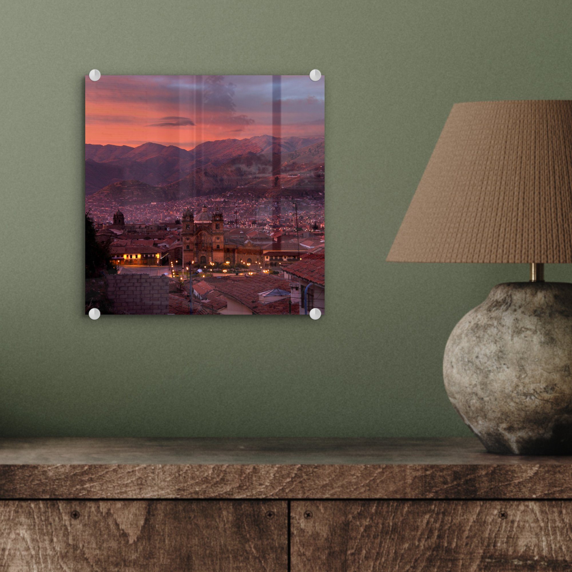 Foto (1 Stadt St), Cuzco - Bilder Glas Wanddekoration - Acrylglasbild - Peru, MuchoWow auf Glas in der Wandbild Glasbilder in Sonnenuntergang auf