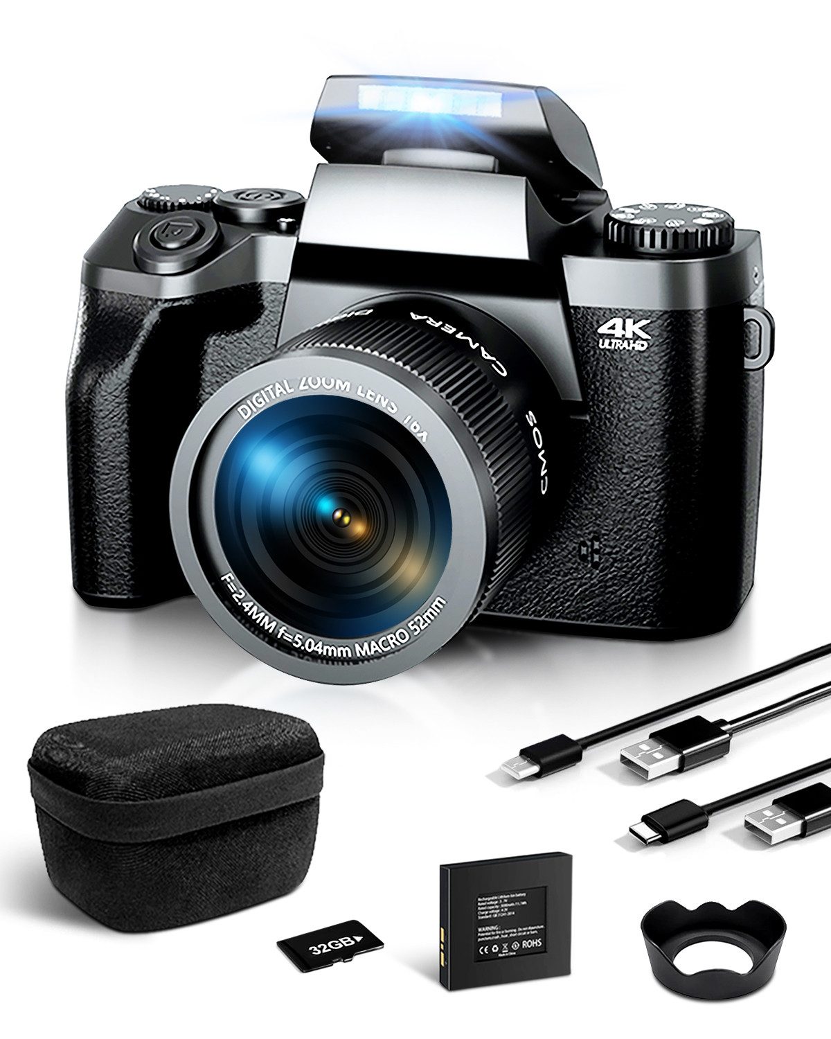 HT Digitalkamera 4K 64MP Fotoapparat Kompaktkamera (64 MP, WLAN (Wi-Fi), 16X Digitalzoom, Manuell/Auto Fokus, Videokamera für Anfänger)