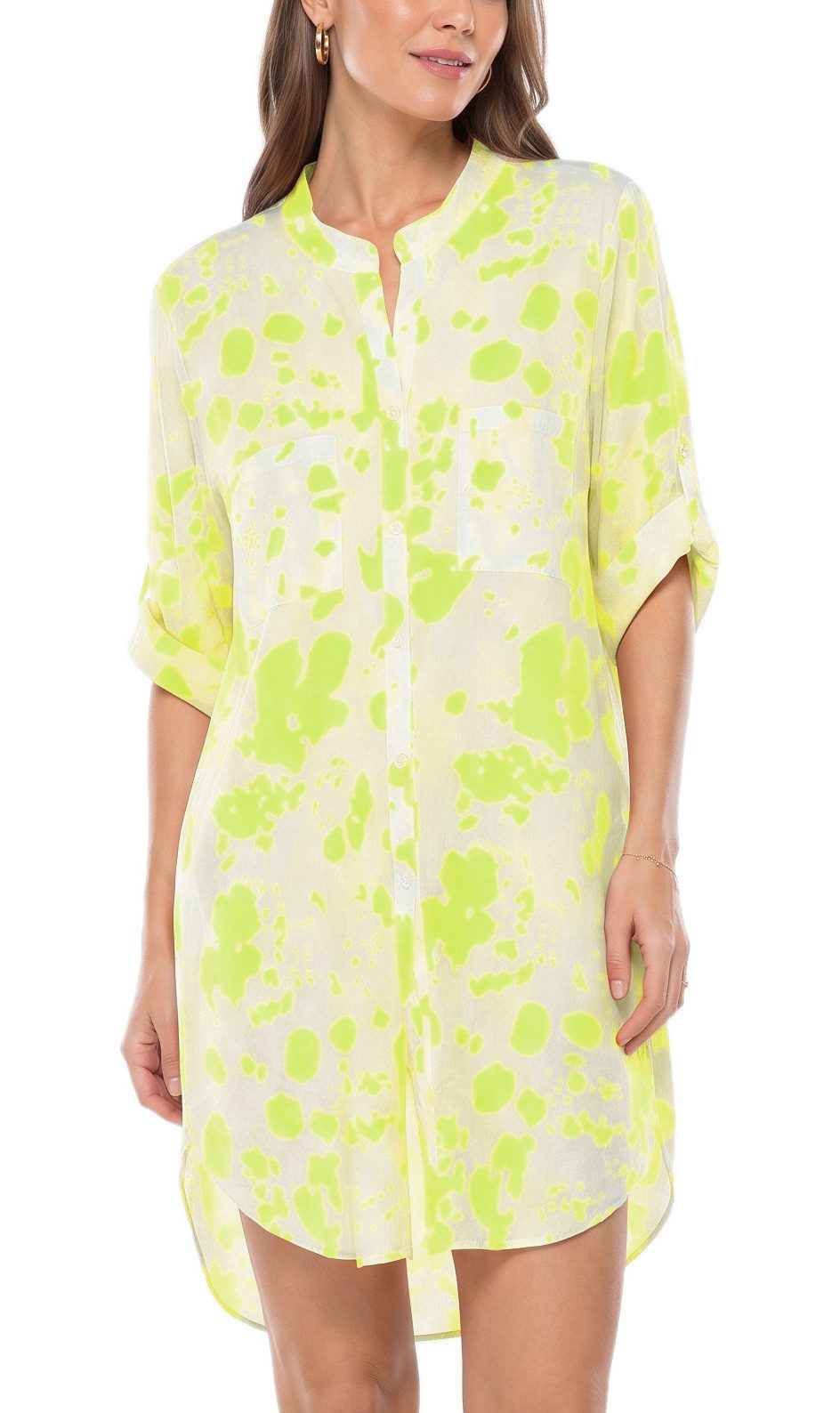 dy_mode Longbluse Damen Longbluse Leichte Tunikabluse Oversize Hemdbluse Sommerbluse Knalliges Farbklecks-Muster, Knopfleiste