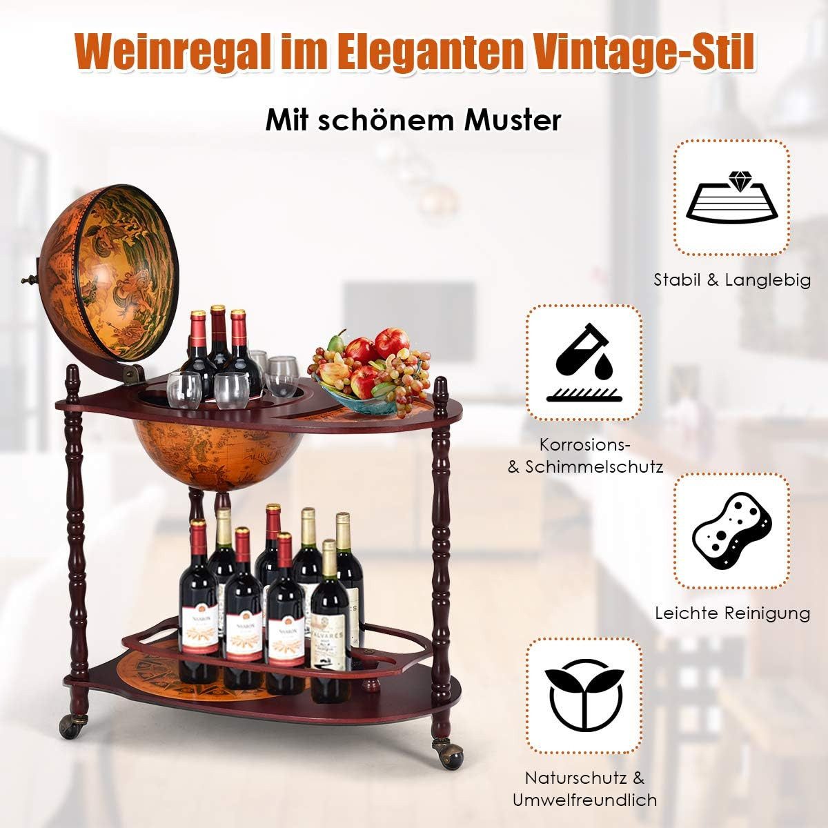 KOMFOTTEU Weinregal Standglobus Bar auf Rollen, mit Massivholz – Bild 4 von 5