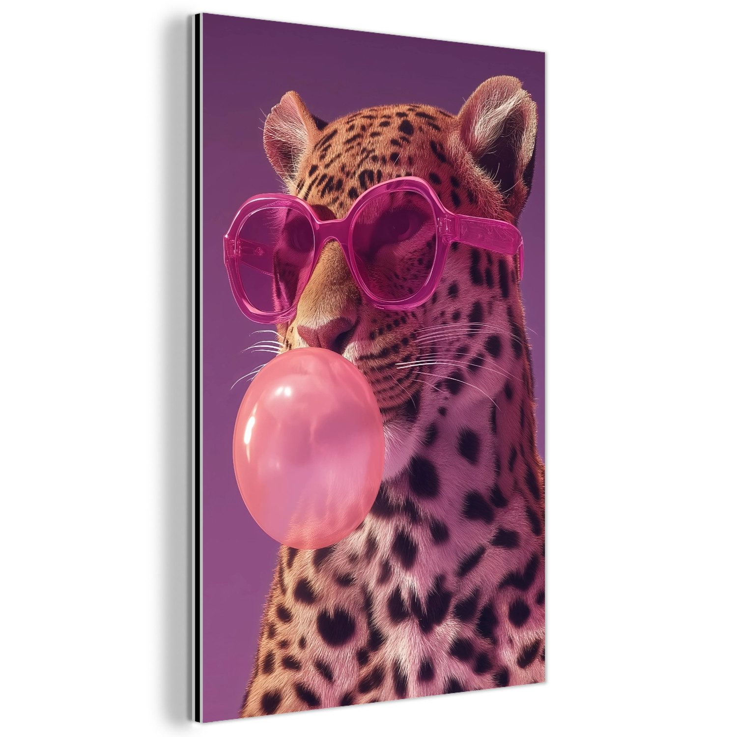 MuchoWow Metallbild Panther - Sonnenbrille - Kaugummiblase - Rosa, Inkl. Aufhängung, Alu-Dibond-Druck, Dekoration aus Metall, Aluminium deko, 20x30 cm
