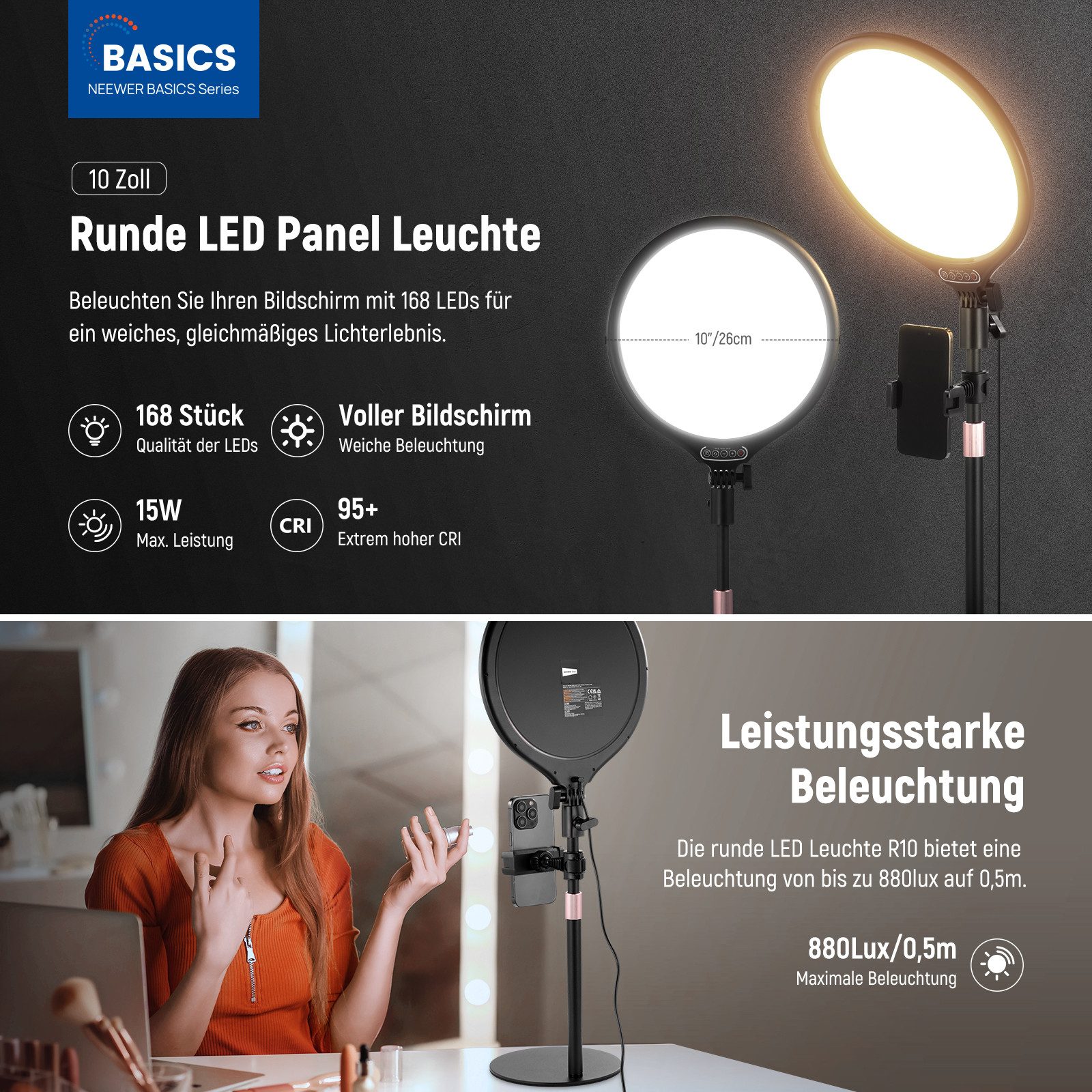 Neewer Ringlicht R10 10,5" Schreibtisch-Ringleuchte, 15W dimmbar, mit Telefonhalter, mit Ständer/Timer, für iPhone Streaming Laptop Webcam Video Konferenz