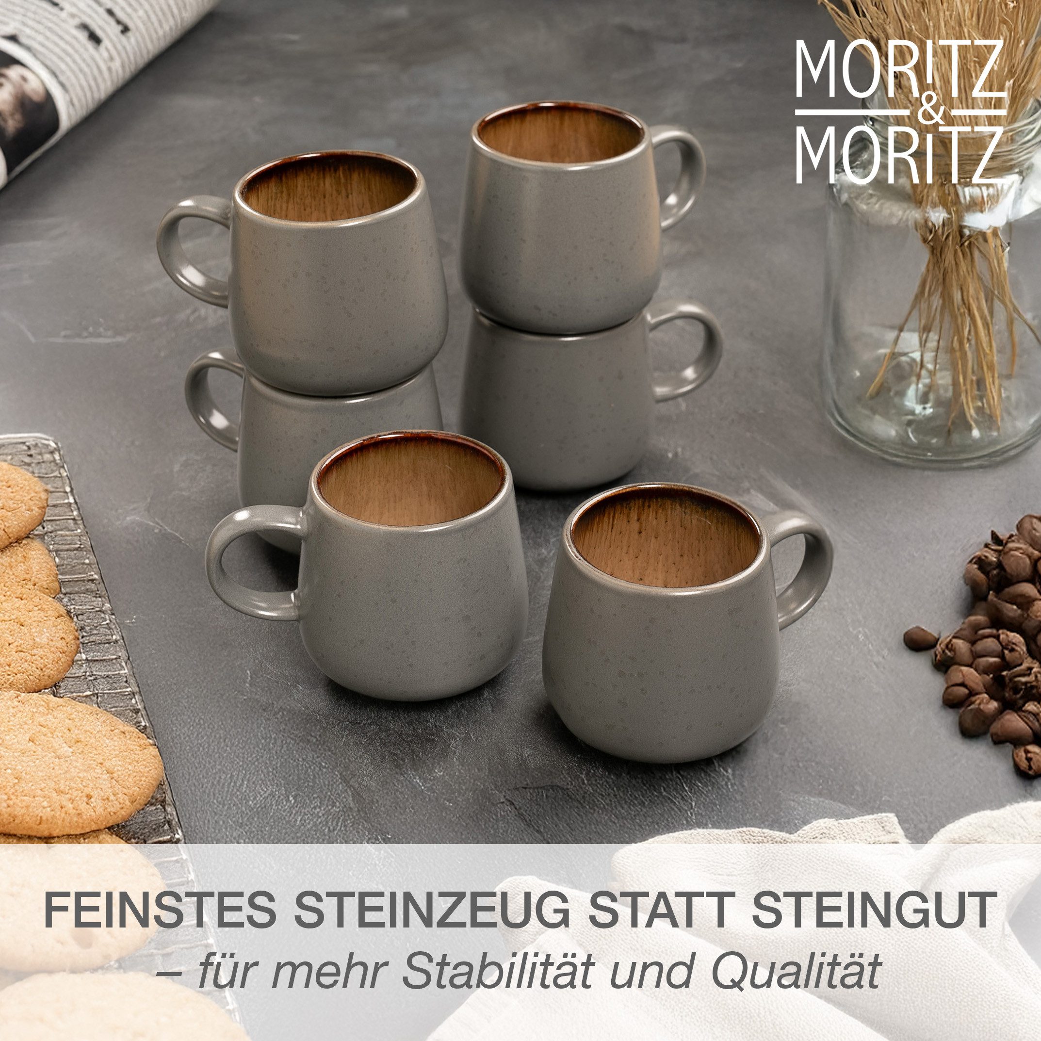 Moritz & Moritz Tafelservice SOLID 24tlg Geschirrset mit Tasse Beige (24-tlg), 6 Personen, Steinzeug, Kombigeschirr für 12 Personen