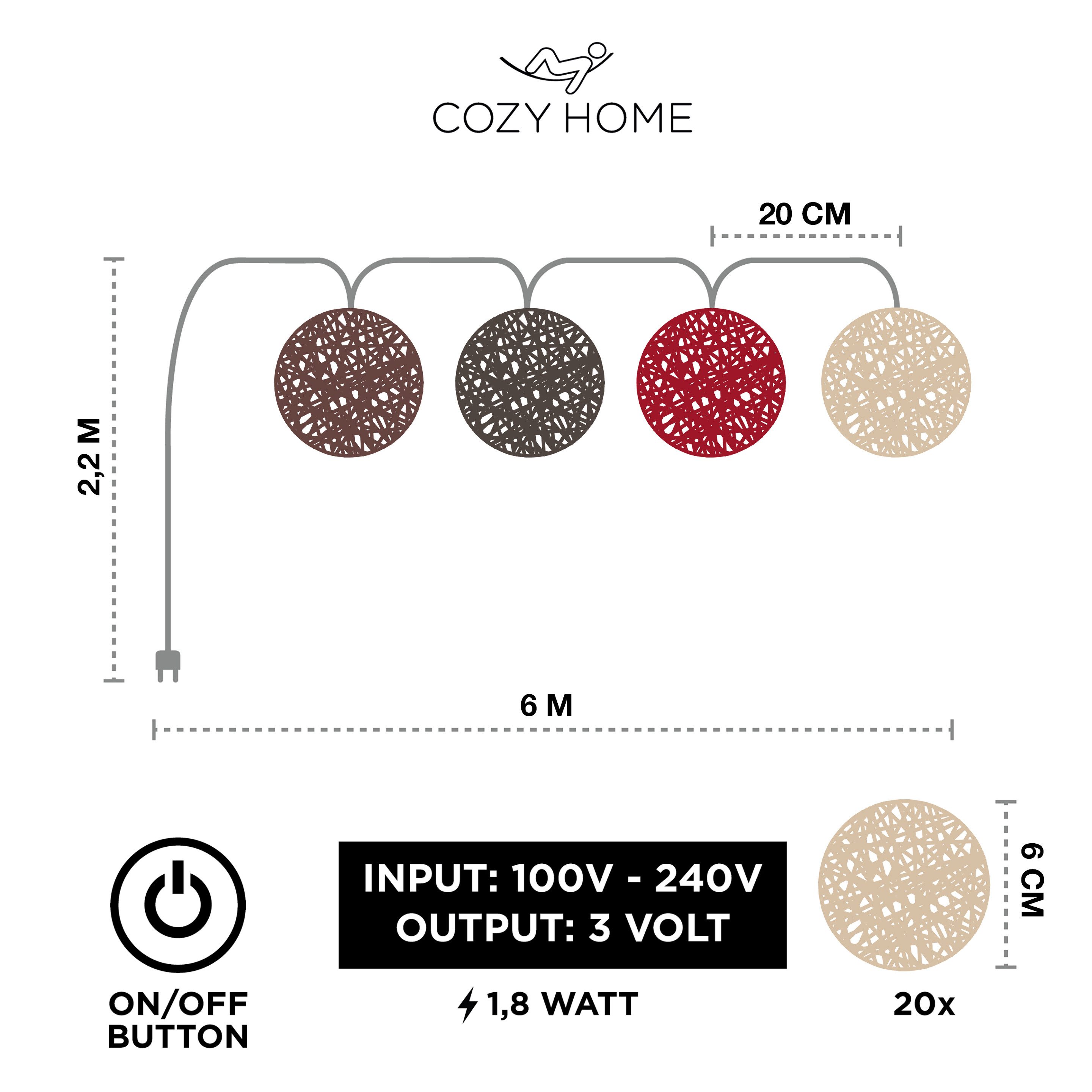 COZY HOME LED-Lichterkette Cotton Balls - Strombetrieben, 20 LED I 6m I Warmweiße LED-Cotton Ball I Hausbett Bunt Deko