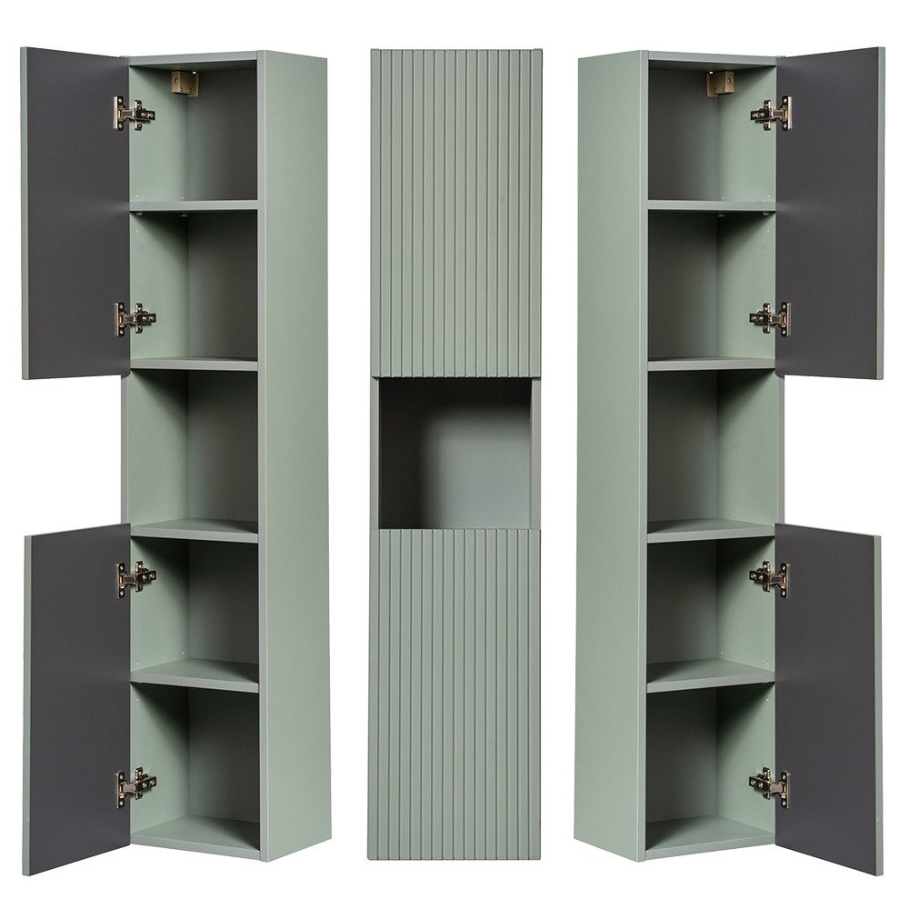 Lomadox Hochschrank NEWPORT-56-GREEN Badschrank, Schilfgrün mit gerillter Front, grifflos, ca. 30/140/30cm