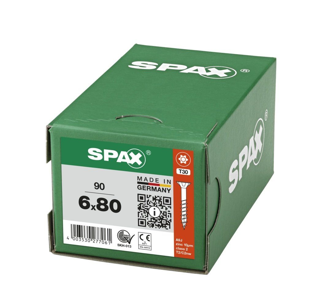 6x80 SPAX verzinkt, weiß Spanplattenschraube Universalschraube, 90 St), mm (Stahl