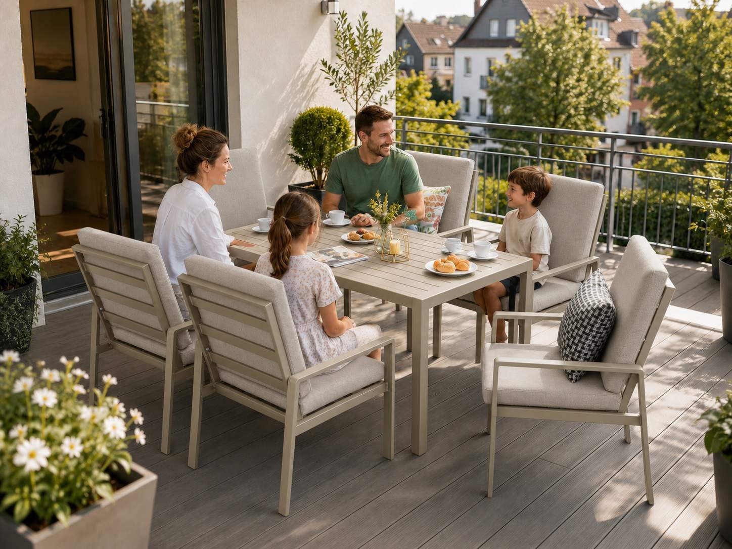 MeXo Gartenlounge-Set Gartenmöbel Set Aluminium Outdoor, (Garten-Essgruppe für 6 Personen, 7-tlg., mit Polywood Tisch & Auflagen), wetterfest für Terrasse & Gar – Bild 3 von 5