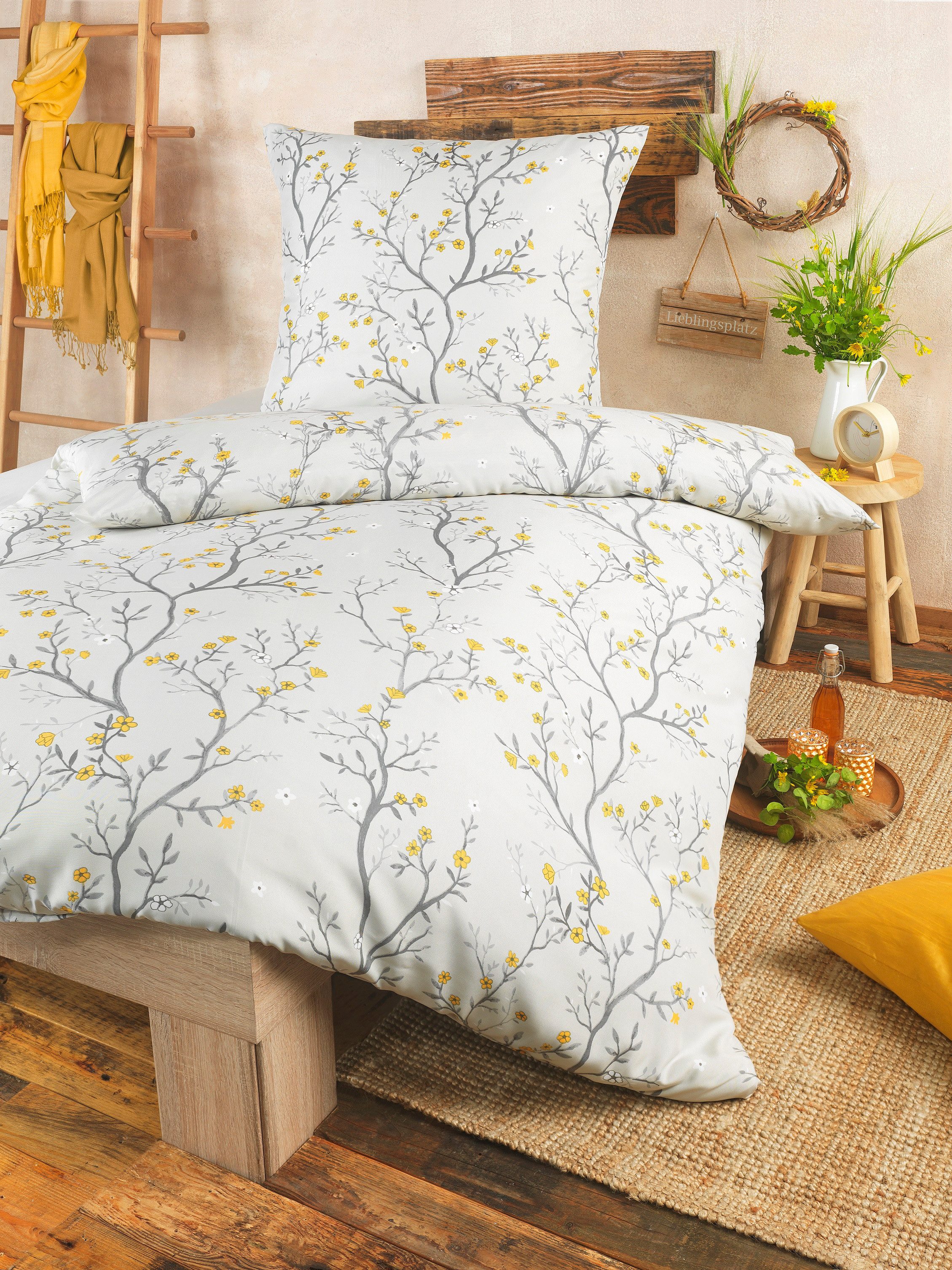Holiday Heimtex Bettwäsche 2teilig - im modernen Baum-Blüten-Design, 1x Decke 135 x 200cm 1x Kopfkissen 80 x 80cm - waschbar 60°C