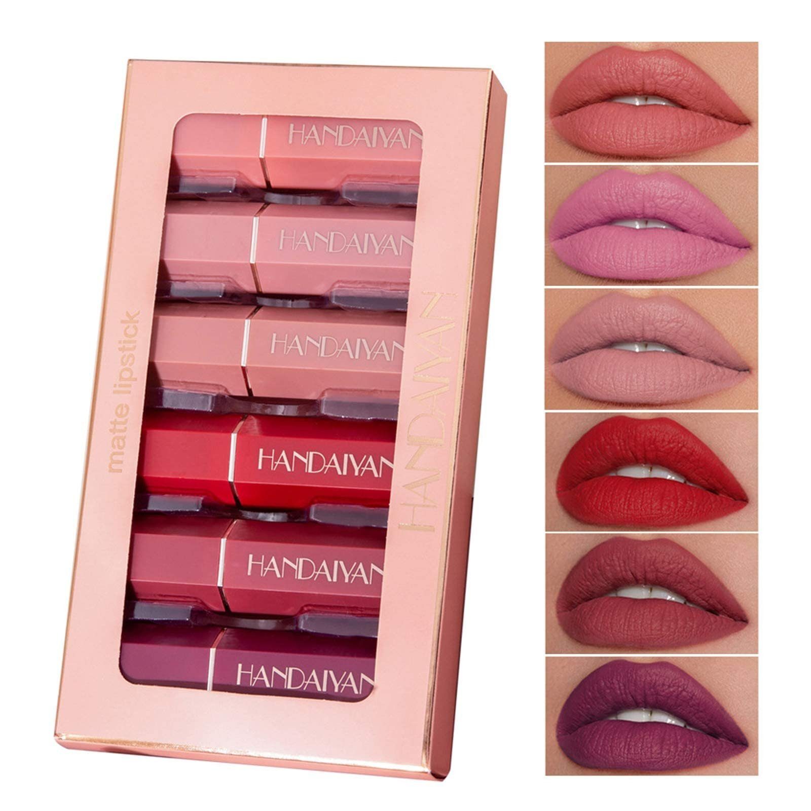 Haiaveng Lippenstift-Set Lippenstift 6 Flüssiger Matt Wasserdichte Antihaft-Tasse 6-tlg., Langlebige Wasserdicht Farben Set, Lipgloss