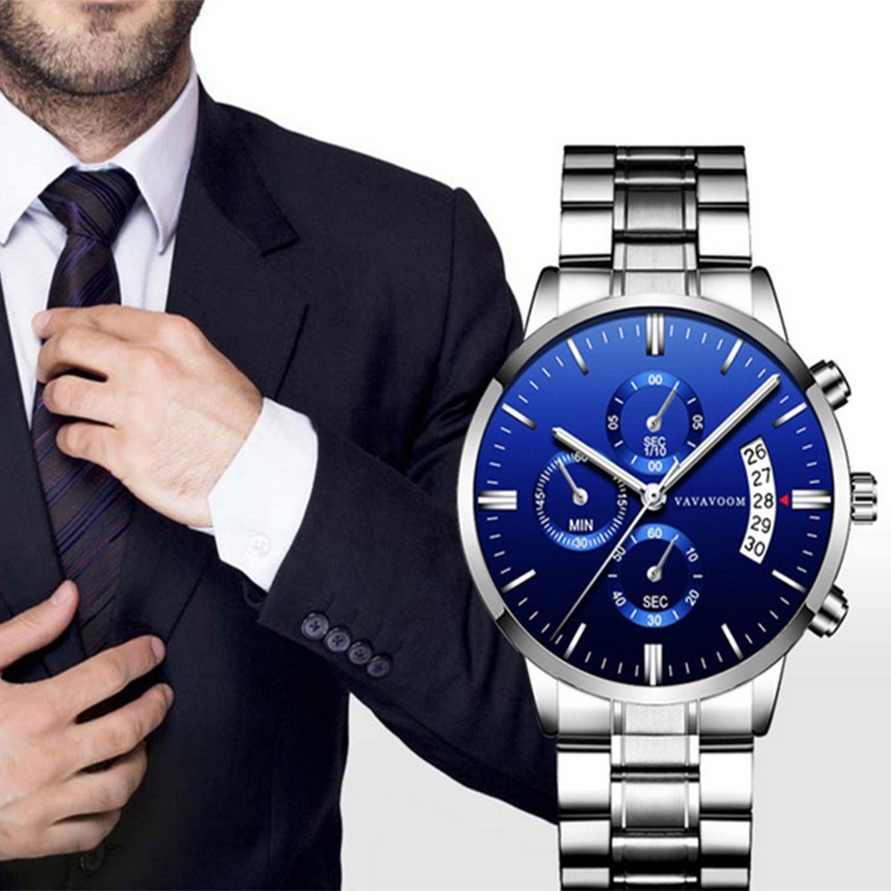 GelldG Quarzuhr Herrenuhr Militär mit Chronografen Herren Armbanduhr, Armband) ‎‎Silber+blau Wasserdicht Analog (Set