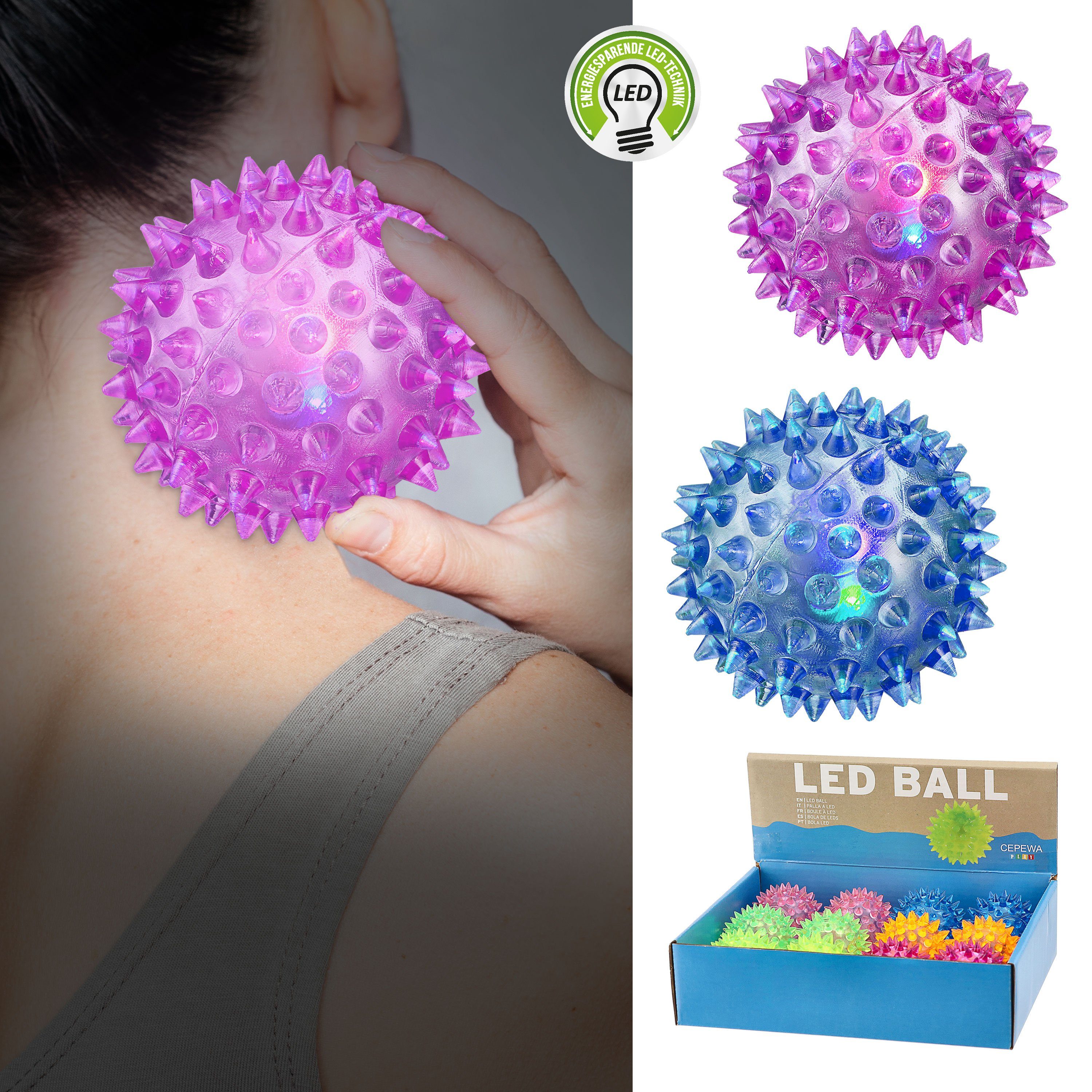 CEPEWA Massageball LED Massageball 12er Set 6 Farben Ø5,5cm Gummi blinkender Noppenball