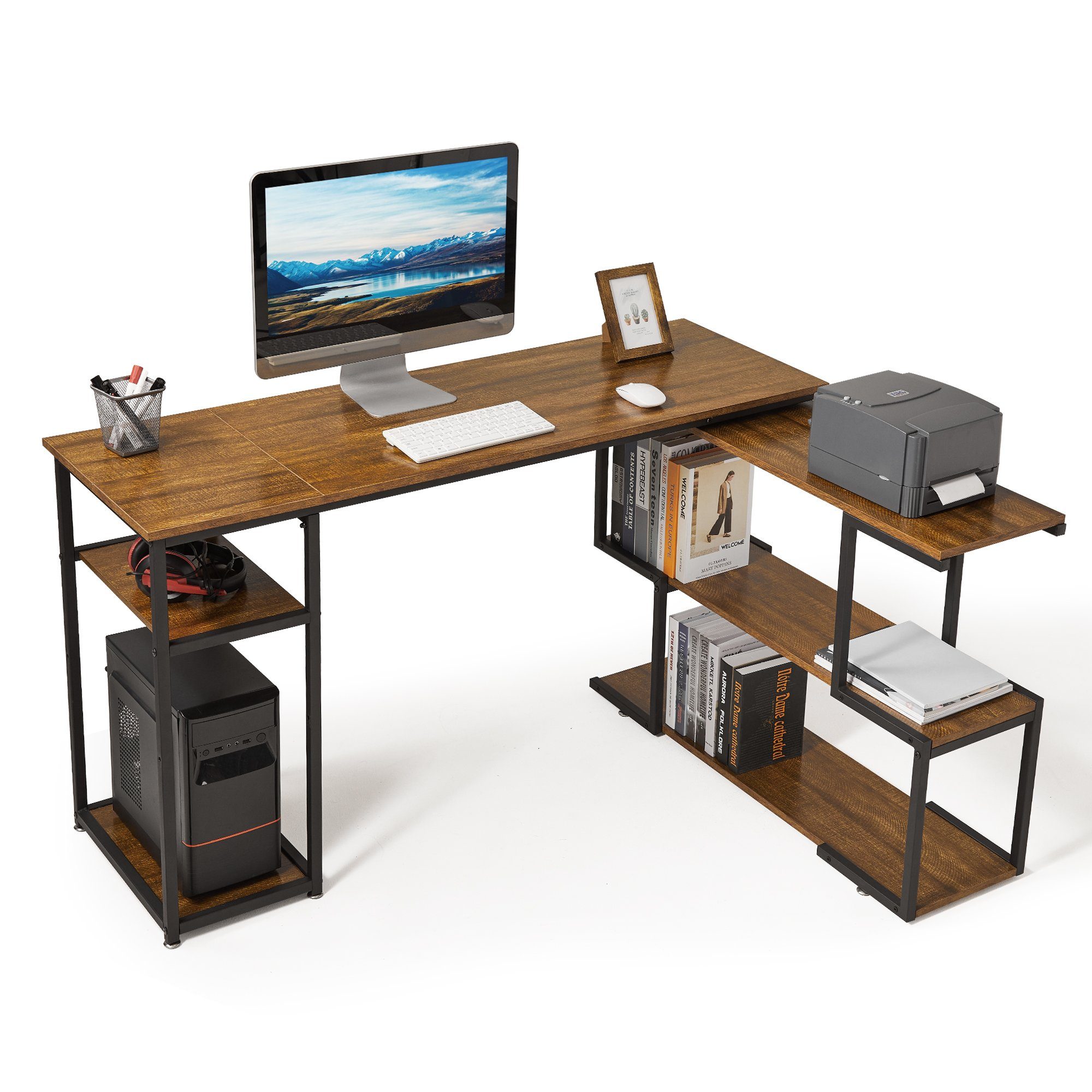 Drehbarem Computertisch, Braun Mondeer L-förmig Regale, Eckschreibtisch S-Regal, 360 mit Grad 2 Höhenverstellbare Vintage