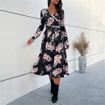 AFAZ New Trading UG Sommerkleid A-Linien-Kleid Damen Blumenmuster Damenkleid für einen frischen Look (Modisches Blütenmuster Kleid für Frauen) Geeignet für jeden Anlass, elegant und vielseitig Alltagstreffen