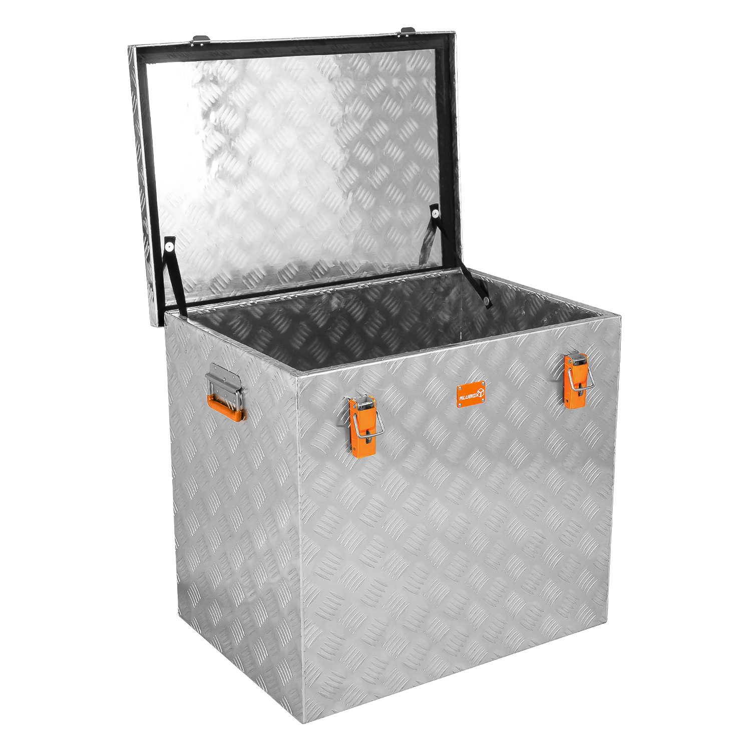 ALUBOX Aufbewahrungsbox aus Aluminiumriffelblech massive Transportkiste (234 Liter), Fangbänder & Gasdruckdämpfer im Deckel